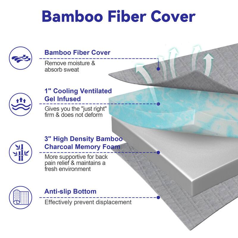 Bamboo Fiber Cover

- Bamboo Fiber Cover
  - Remove moisture & absorb sweat

- 1" Cooling Ventilated Gel Infused
  - Gives you the "just right" firm & does not deform

- 3" High Density Bamboo Charcoal Memory Foam
  - More supportive for back pain relief & maintains a fresh environment

- Anti-slip Bottom
  - Effectively prevent displacement