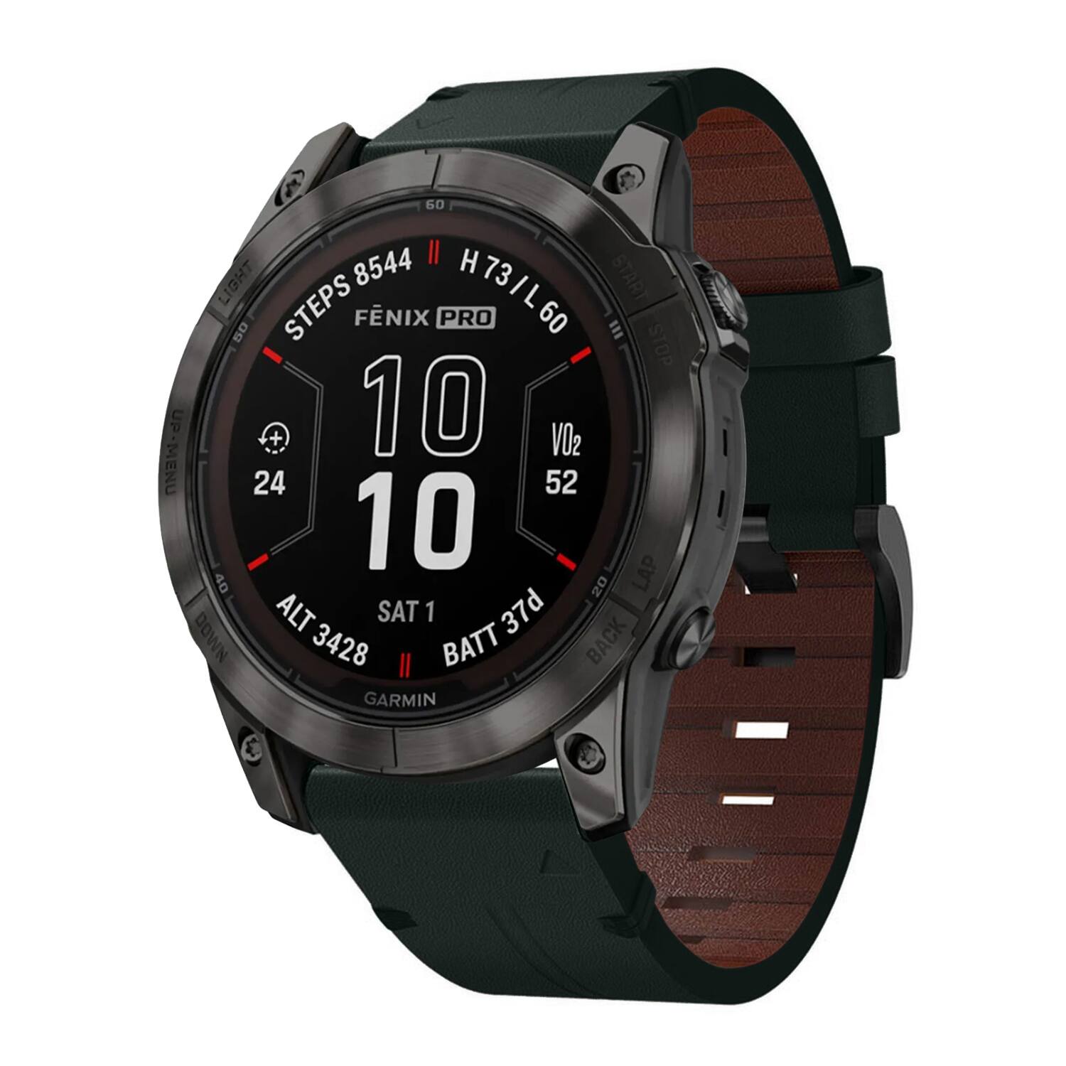 60 8544 H 73 LIGHT H73/L60  
FÉNIX PRO 60  
START DO STEPS  
10 10  
VO2 52  
24 52 10 40 20  
LAP DOWN  
ALT 3428  
SAT 1  
BATT 37d  
GARMIN