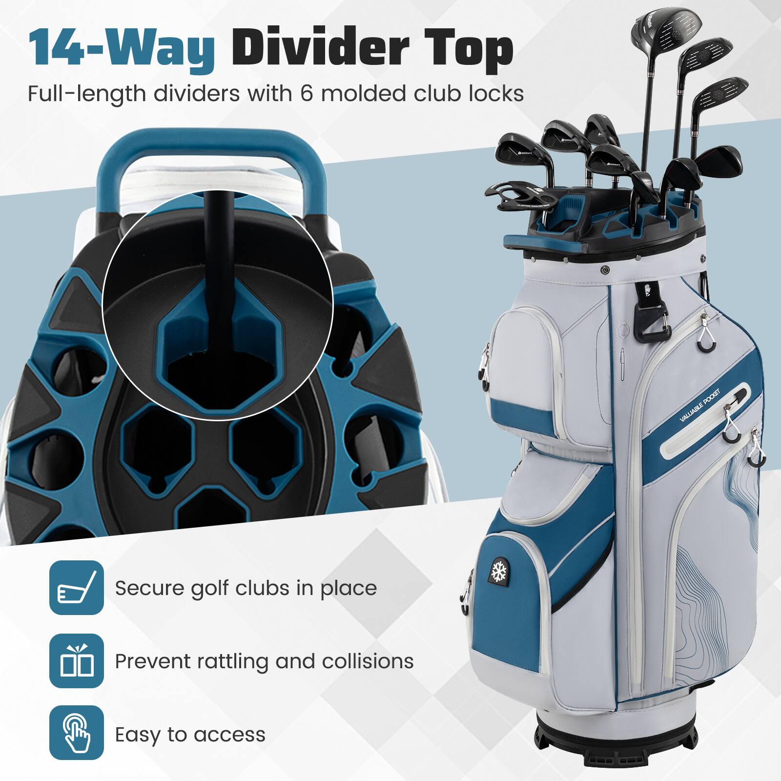 14-Way Divider Top  
Full-length dividers with 6 molded club locks  

Secure golf clubs in place  
Prevent rattling and collisions  
Easy to access