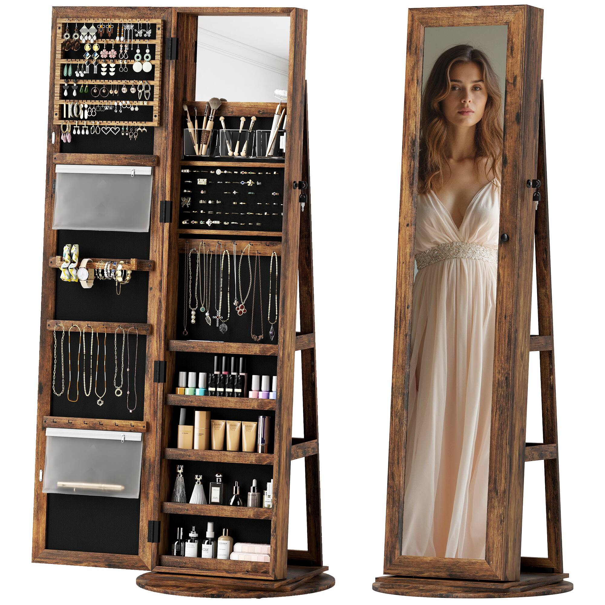 Front. Homcom - 360° Swivel Jewelry Cabinet: Full Mirror+Back Shelves Armoire - Rustic Brown.