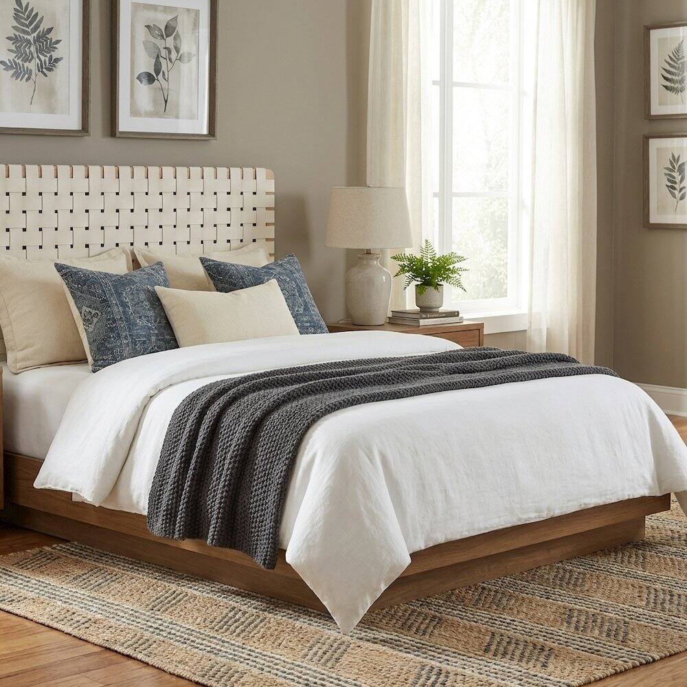Left. FurniFact - Vegan Leather Wall-Mount Headboard Queen Size with Durable Modern Design - Beige.