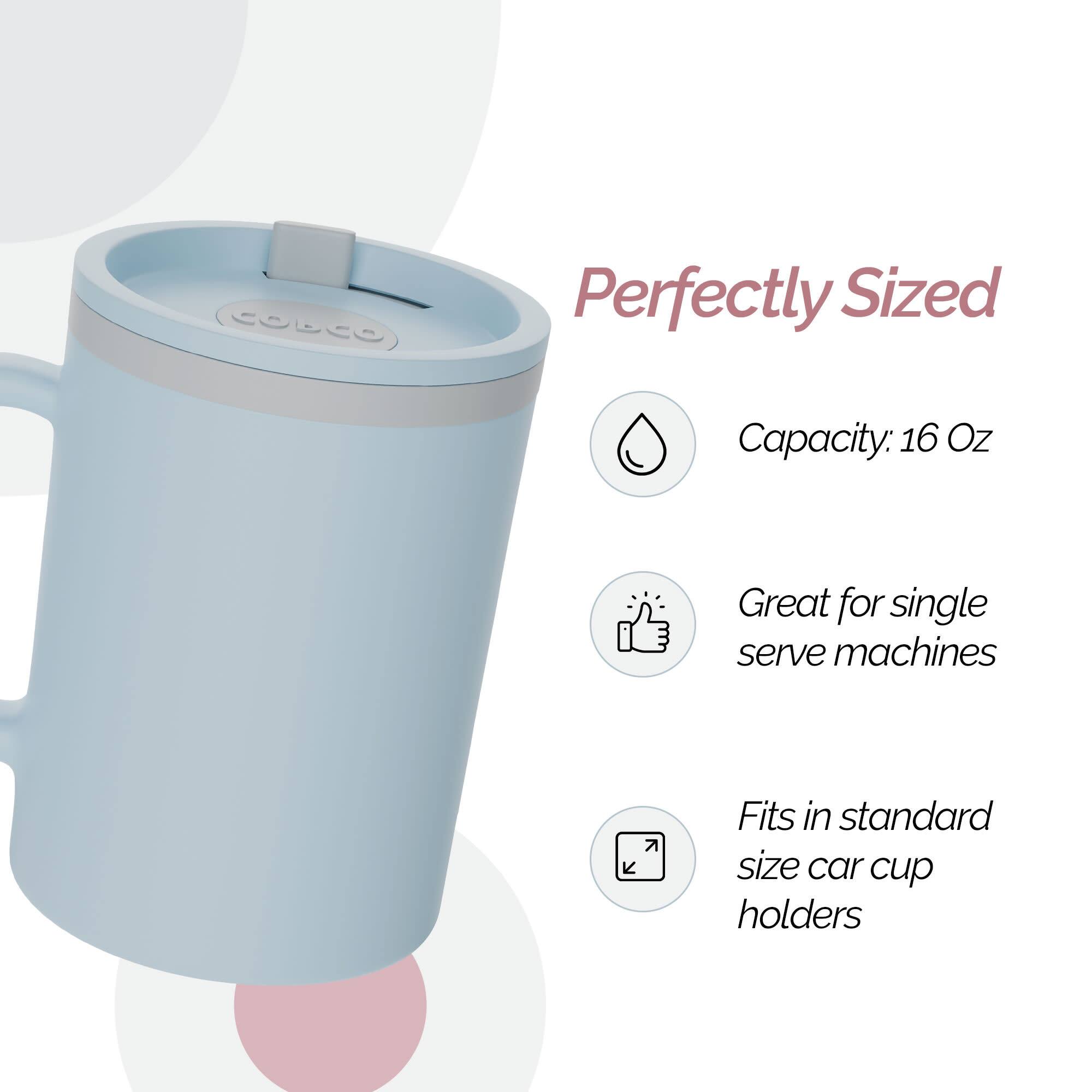Perfectly Sized  
Capacity: 16 Oz  
Great for single serve machines  
Fits in standard size car cup holders