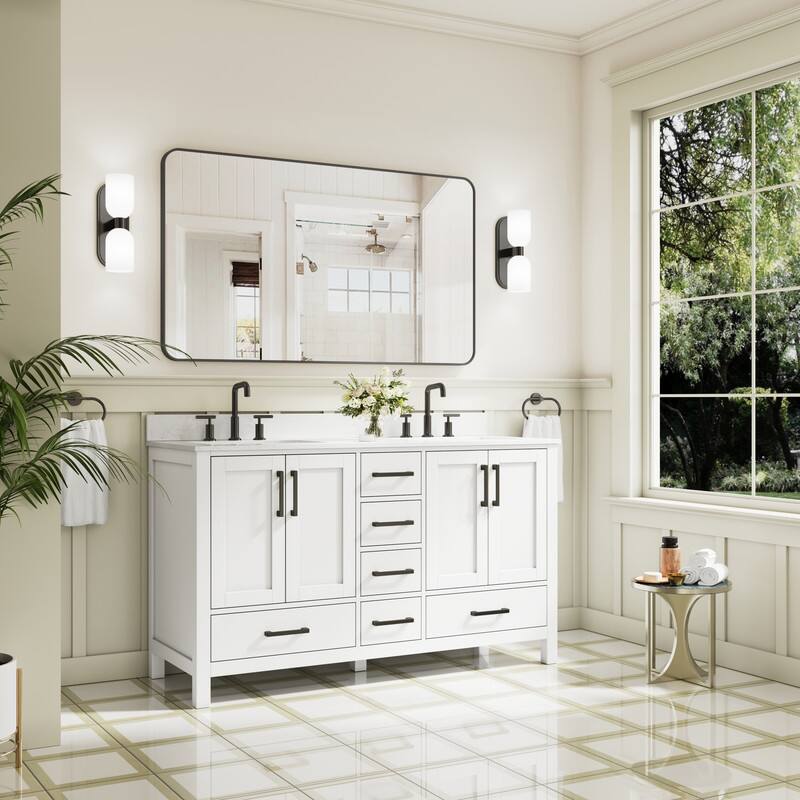 Angle. WELLFOR - 60 in Bathroom Vanity with Double Sink, Solid Wood Bathroom Cabinet with 4 Doors& 6 Drawers，Matte Black Handle - White.