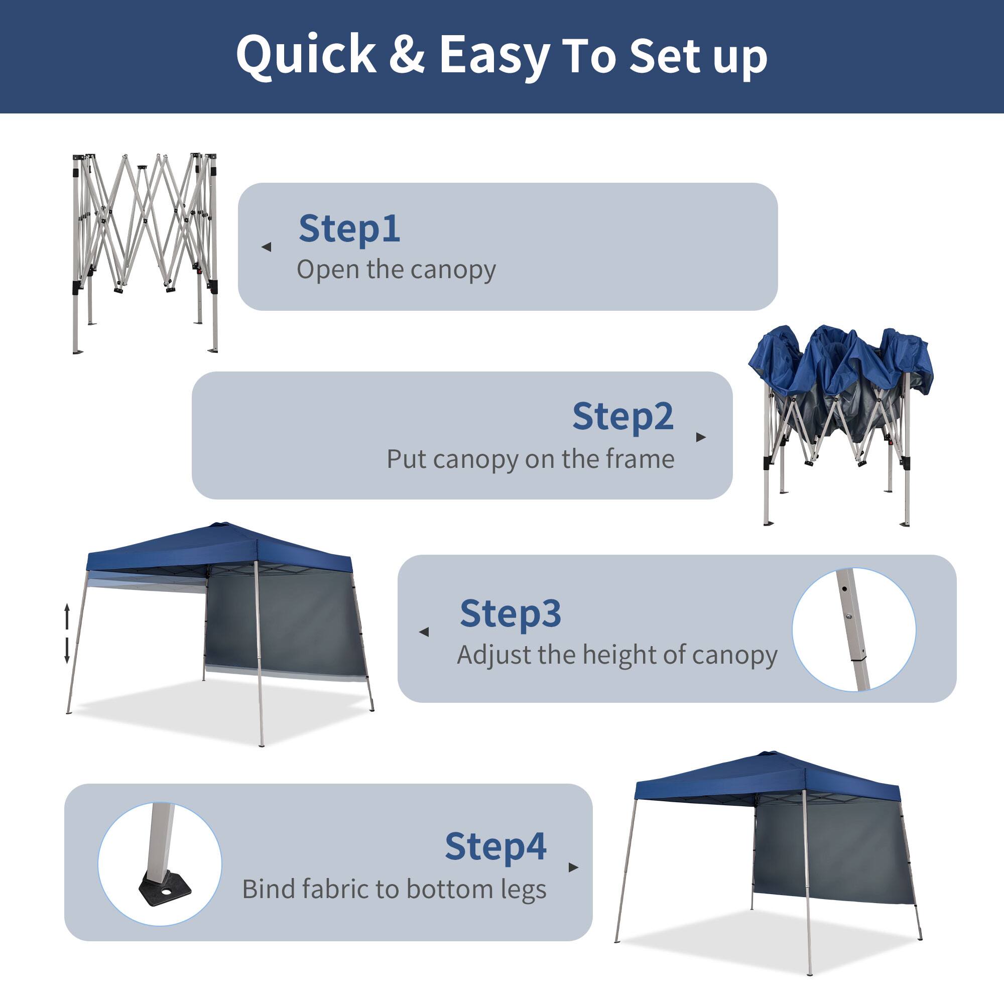 Quick & Easy To Set up

Step1: Open the canopy

Step2: Put canopy on the frame

Step3: Adjust the height of canopy

Step4: Bind fabric to bottom legs
