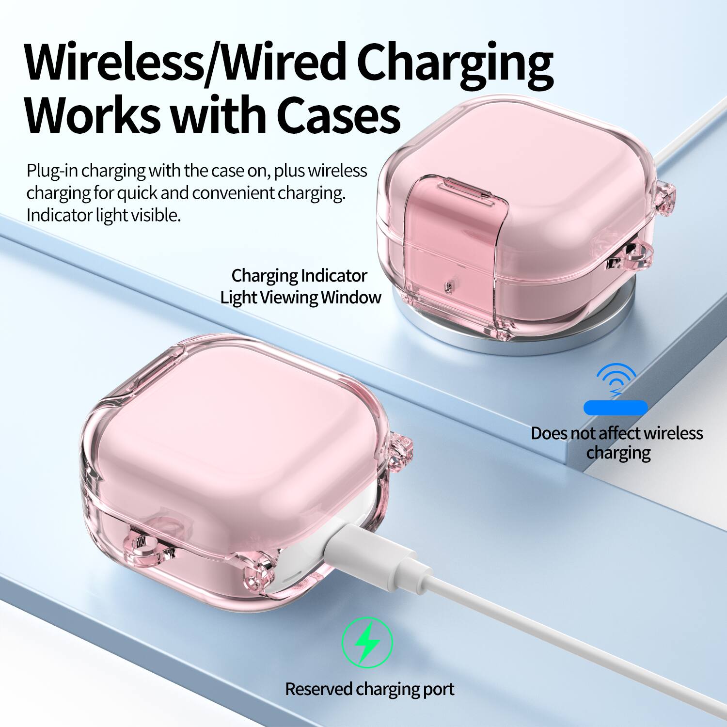 Wireless/Wired Charging Works with Cases

Plug-in charging with the case on, plus wireless charging for quick and convenient charging. Indicator light visible.

Charging Indicator Light Viewing Window

Does not affect wireless charging

Reserved charging port