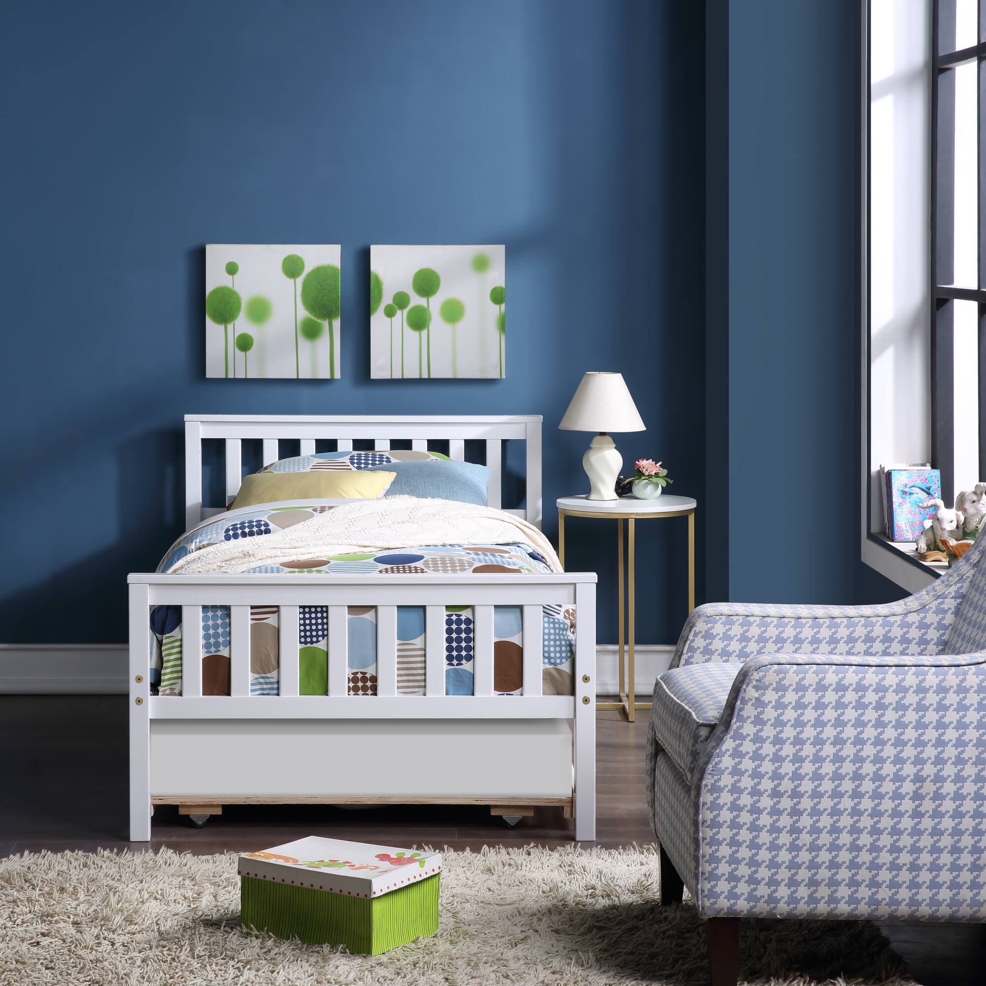 Alt View 5. GOODSILO - Space-Saving Twin Platform Bed Frame with Pull-Out Trundle and Headboard for Compact Living Areas - White.