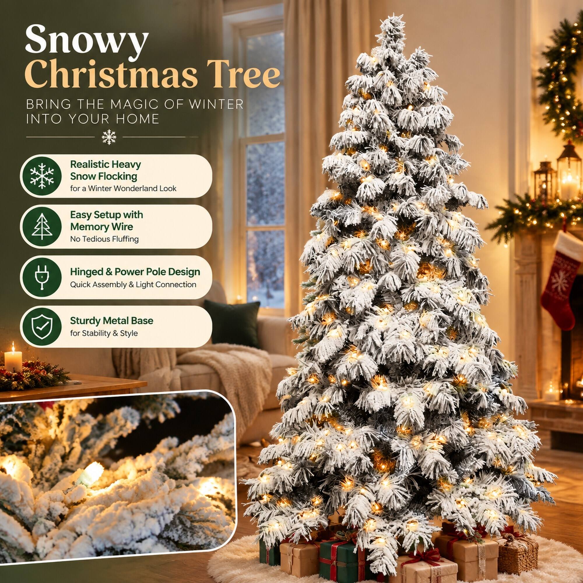 Snowy Christmas Tree  
BRING THE MAGIC OF WINTER INTO YOUR HOME

- Realistic Heavy Snow Flocking for a Winter Wonderland Look
- Easy Setup with Memory Wire No Tedious Fluffing
- Hinged & Power Pole Design Quick Assembly & Light Connection
- Sturdy Metal Base for Stability & Style