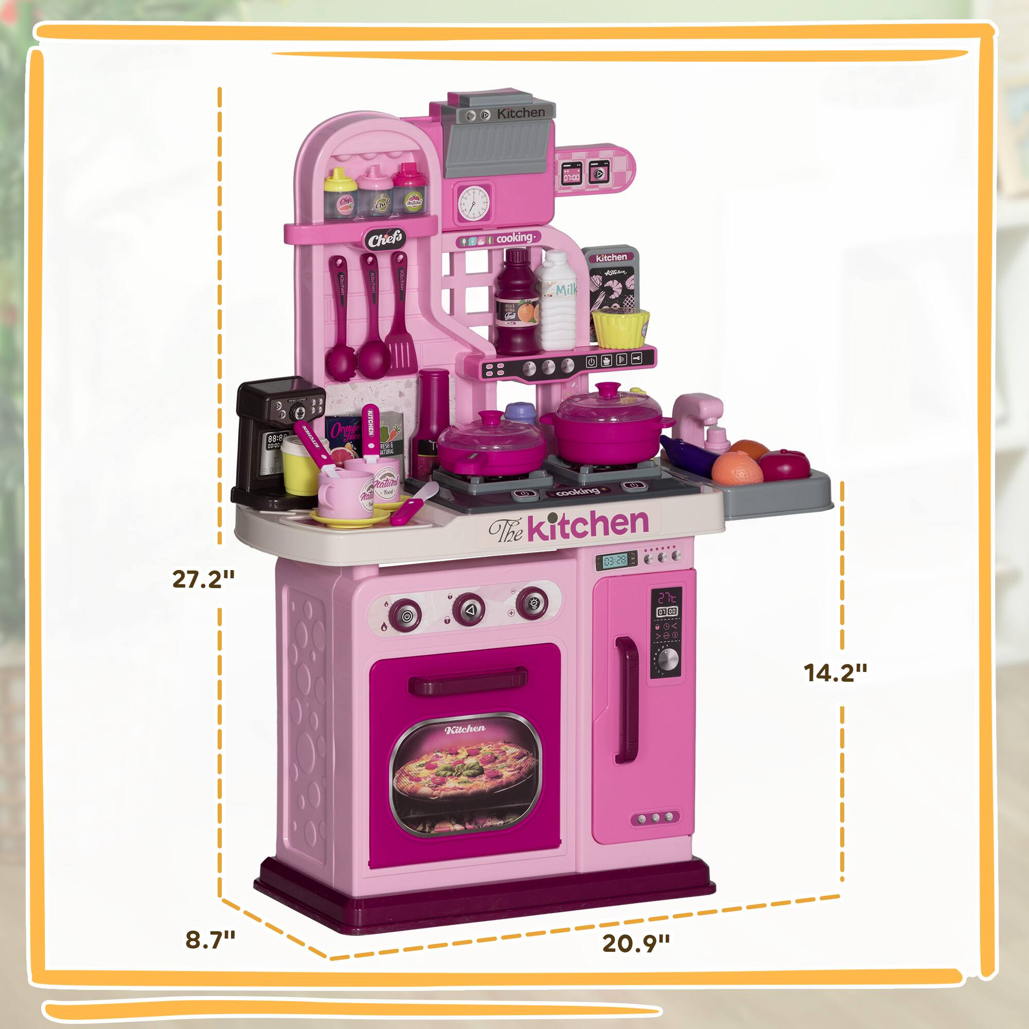 The kitchen is 27.2" wide, 20.9" deep, 14.2" tall, and 8.7" deep at the bottom.