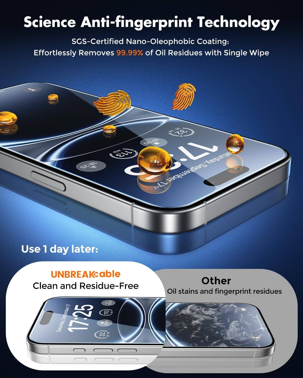 Science Anti-fingerprint Technology  
SGS-Certified Nano-Oleophobic Coating: Effortlessly Removes 99.99% of Oil Residues with Single Wipe

Use 1 day later:  
UNBREAKable  
Clean and Residue-Free

Other  
Oil stains and fingerprint residues