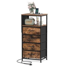 Costway - 1 PCS Nightstand with Integrated Charging Station, Modern Bedside Table with 4 Fabric Drawers - Rustic Brown + Black