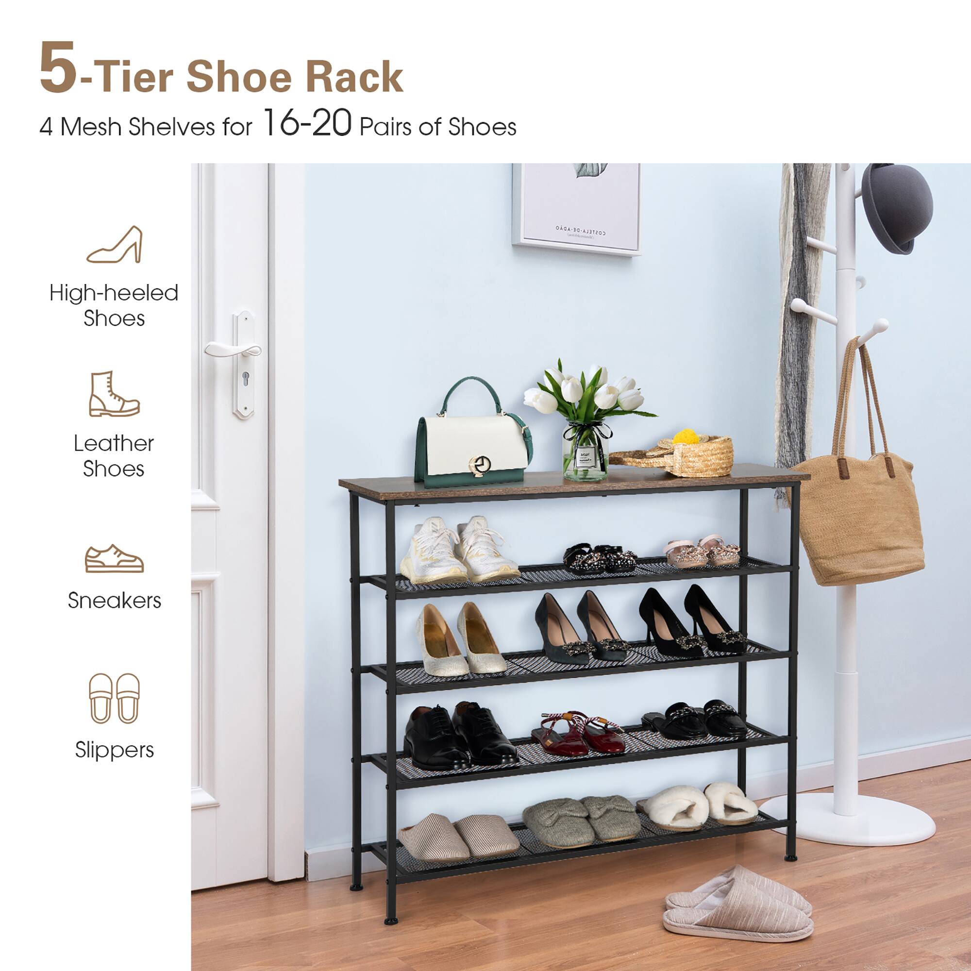 5-Tier Shoe Rack 4 Mesh Shelves for 16-20 Pairs of Shoes.