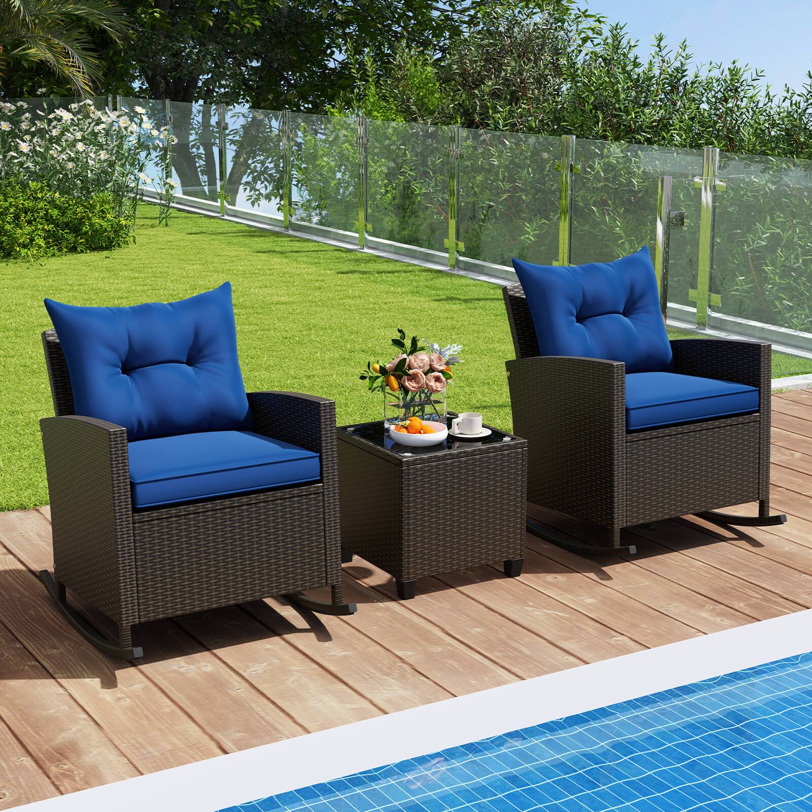 Alt View 9. Costway - 3 PCS Patio Wicker Rocking Set with Tempered Glass Table & Soft Cushions Outdoor - Navy.