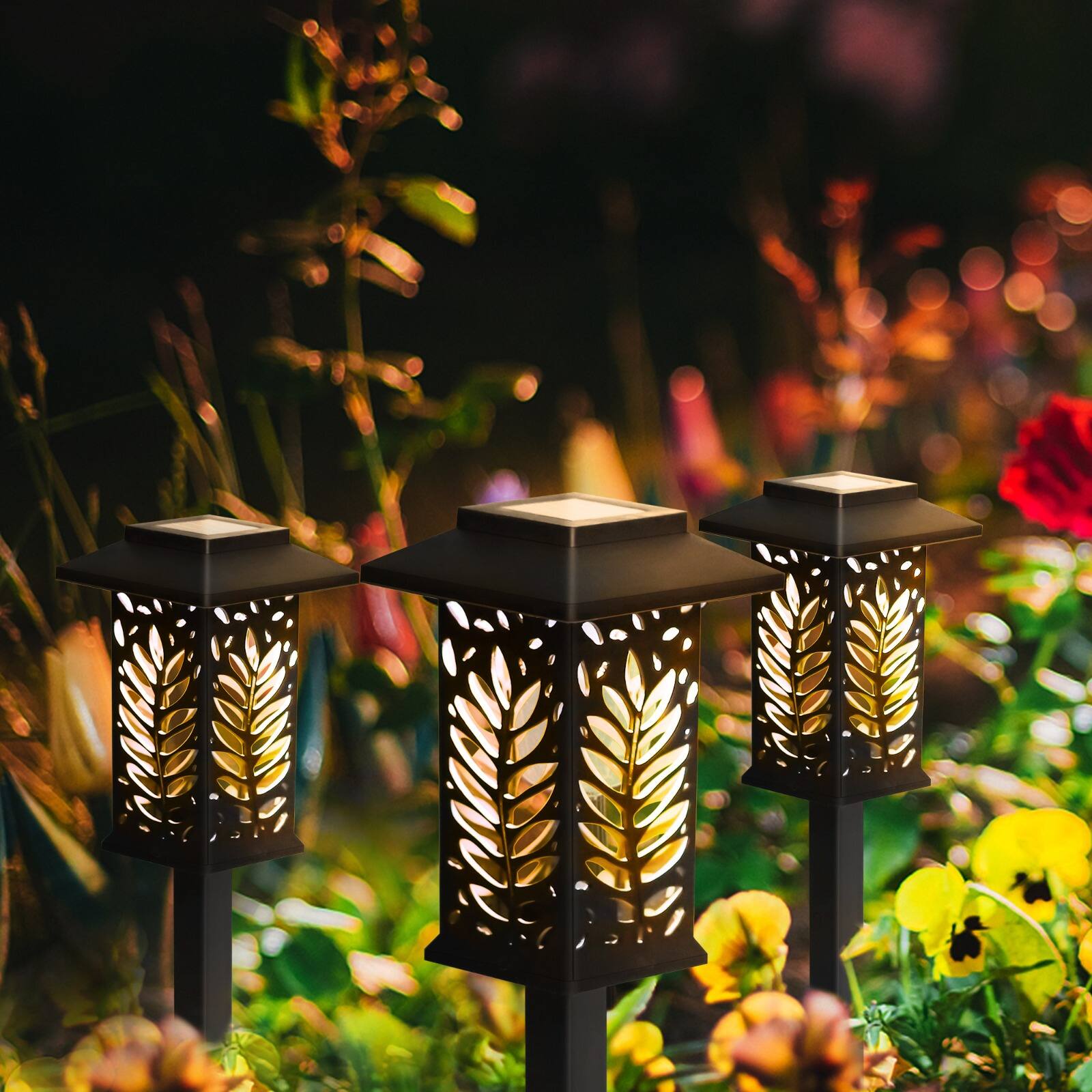 Back. Oumilen - 6 Pack Solar Leaf Shadow Pathway Lights – Waterproof Warm White Ground Stake Lights for Yard Lawn Garden.
