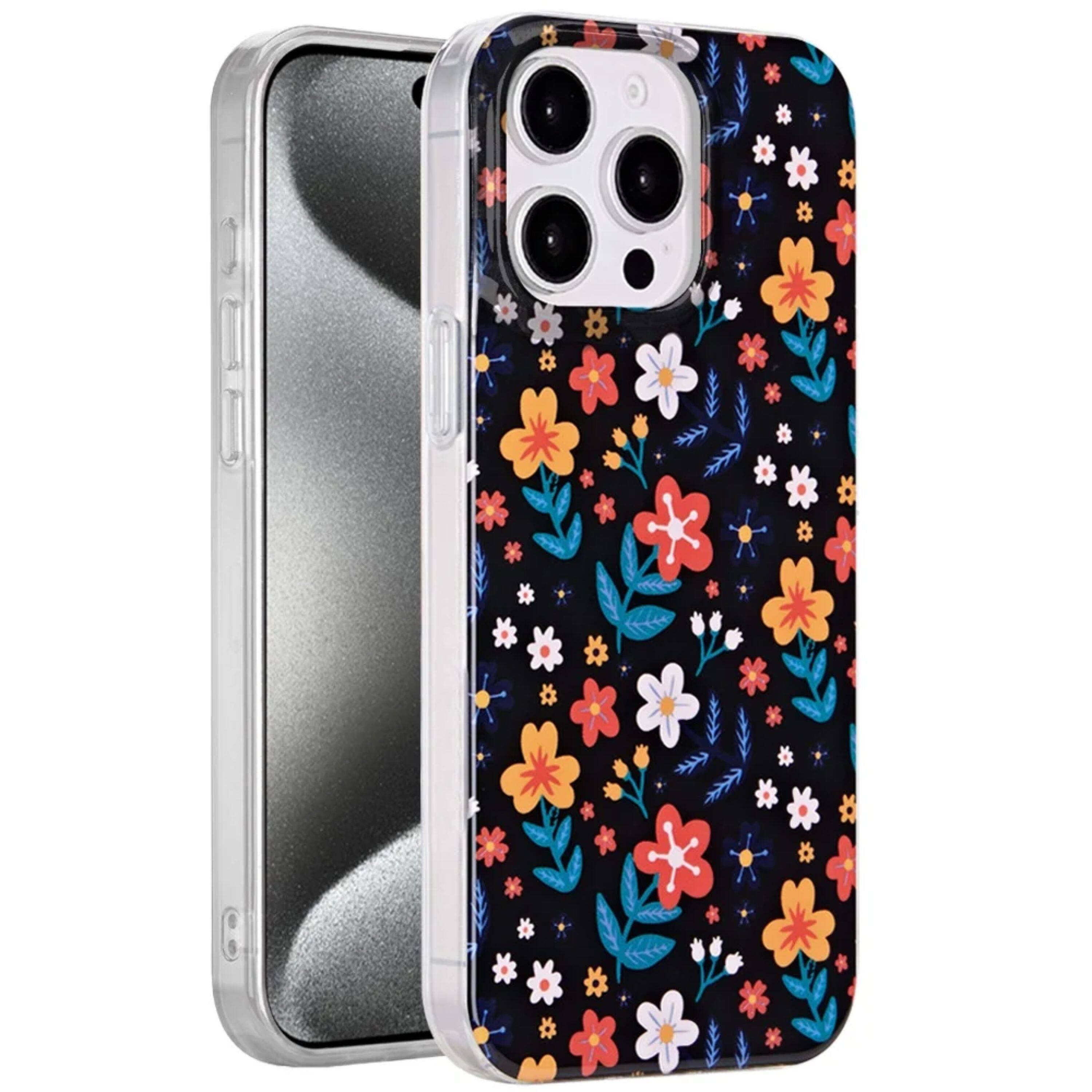 Left. Kitcheniva - Dual Layer TPU Protective Case With Tempered Glass For iPhone 15 Pro Max Nightly Floral - Multicolor.