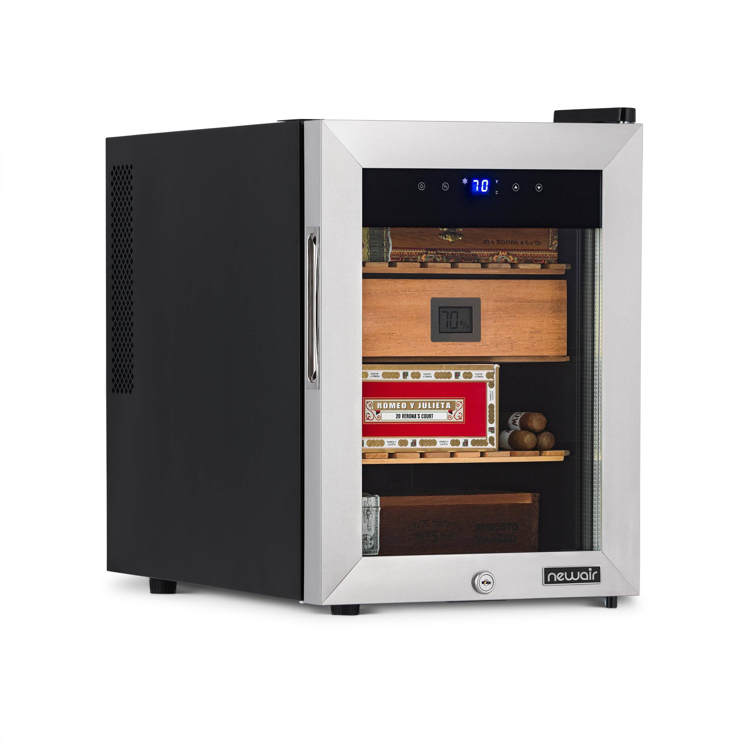 NewAir - 250 Count Cigar Humidor with Opti-Temp Heating and Cooling Function, Spanish Cedar Shelves and Digital Thermostat - Stainless Steel