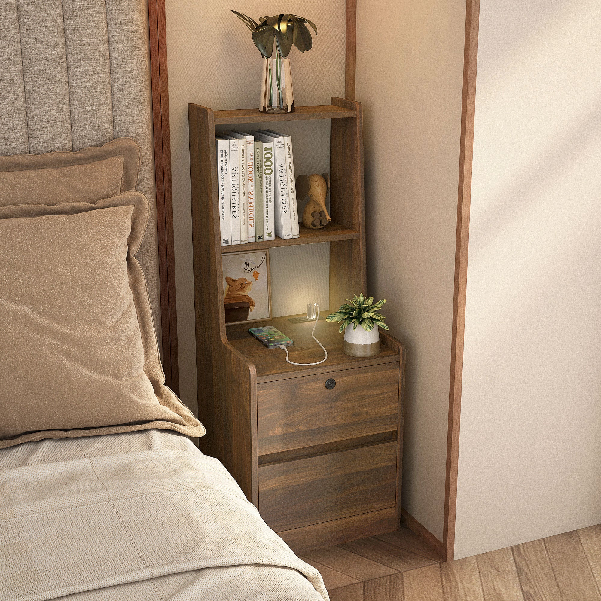 Tiramisubest - Modern Smart Nightstand with Charging Station,Night Light&Bookshelf,Bedside Table with Storage Cabinet for Bedroom - Wood