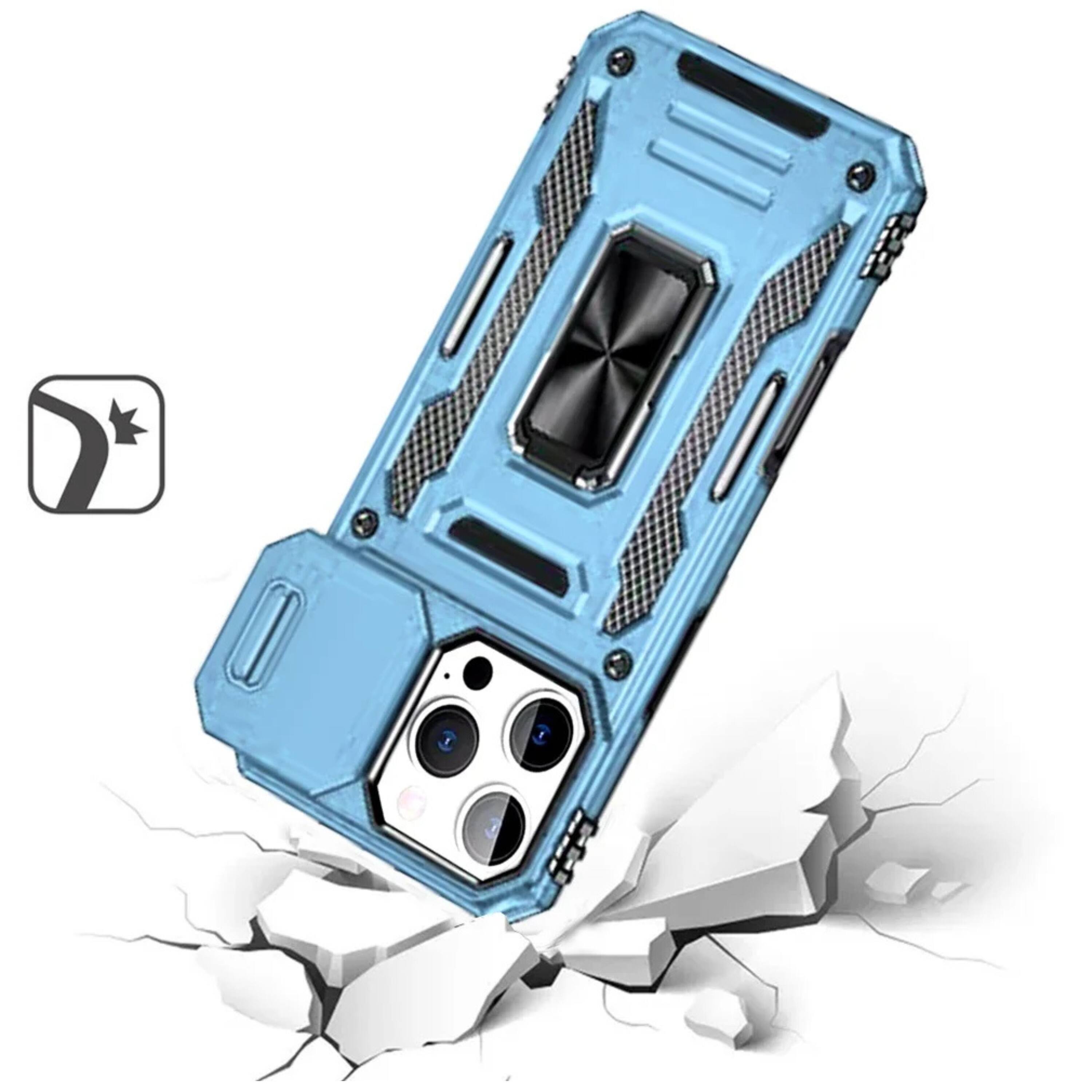 Angle. Kitcheniva - Sliding Lens Cover Magnetic Ring Stand Shockproof Phone Case With Tempered Glass For iPhone 16 Pro Max Blue - Light Blue.