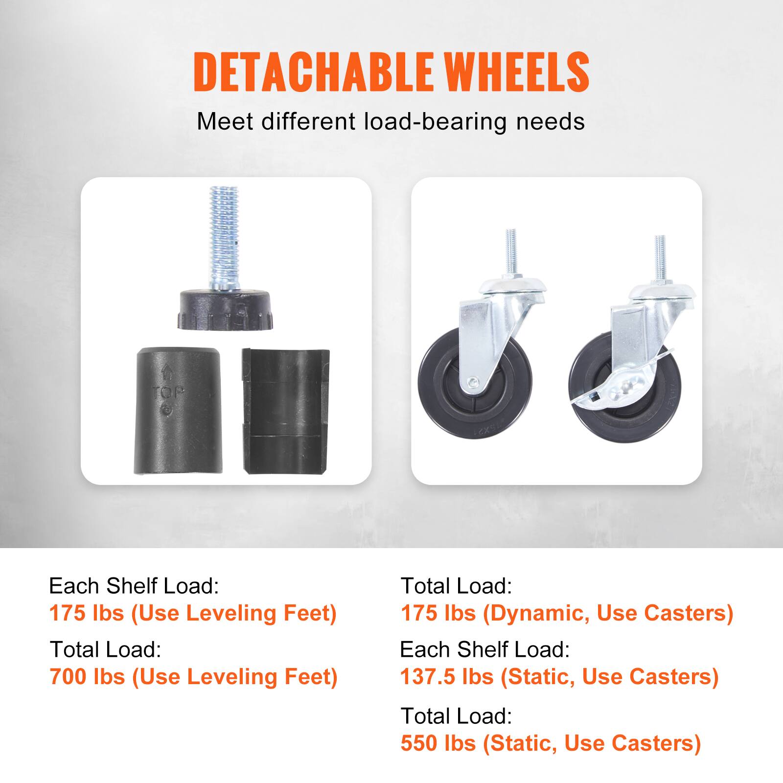 DETACHABLE WHEELS

Meet different load-bearing needs

Each Shelf Load: 175 lbs (Use Leveling Feet)
Total Load: 700 lbs (Use Leveling Feet)

Each Shelf Load: 137.5 lbs (Static, Use Casters)
Total Load: 550 lbs (Static, Use Casters)