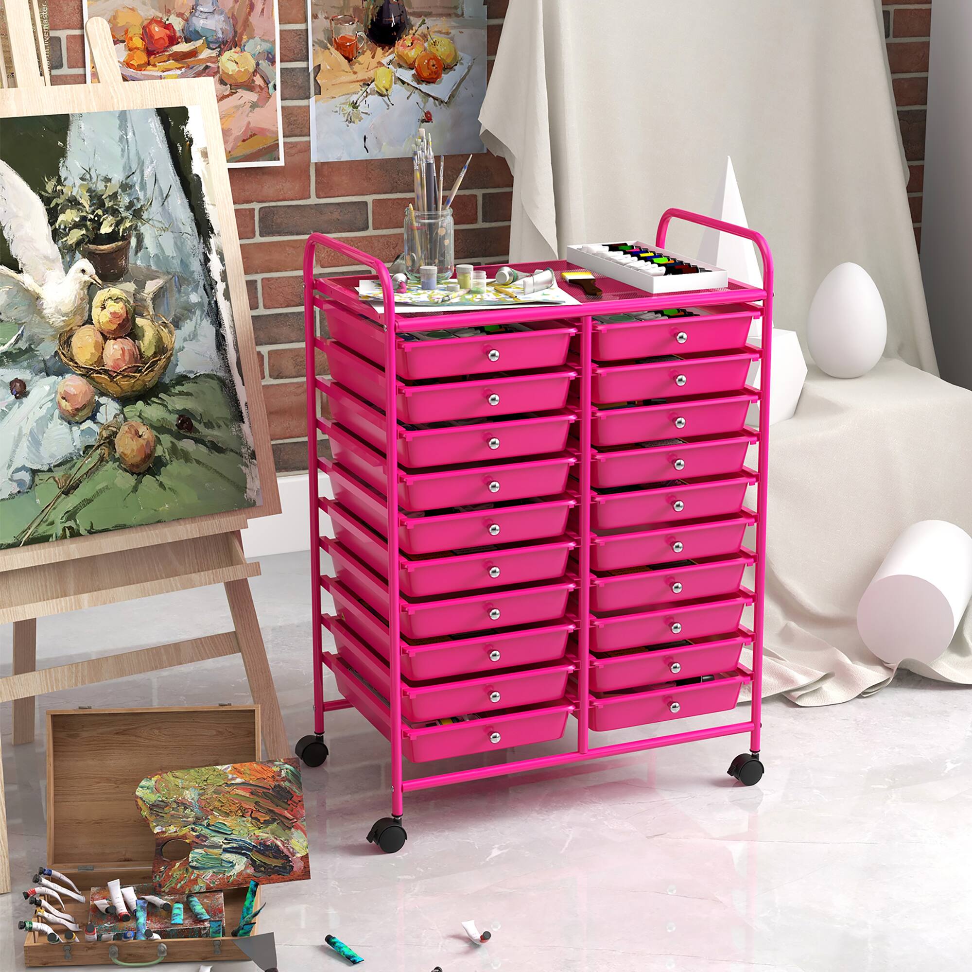 Alt View 4. Gymax - Gymax Rolling Storage Cart Art Craft Organizer on Wheels Multipurpose 20 Drawers Hot Pink - Hot Pink.