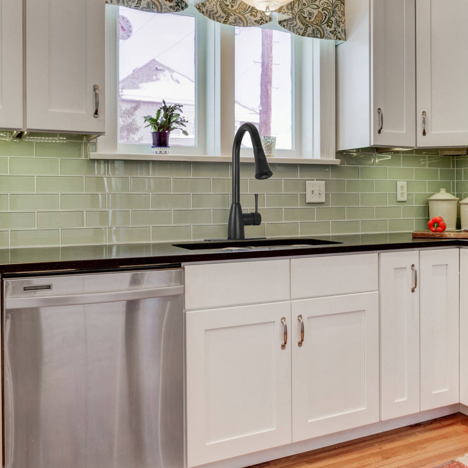 Alt View 4. Akicon - Akicon One-Handle Solid Brass Kitchen Faucet with Pull Down Sprayer in Matte Black - Matte Black.