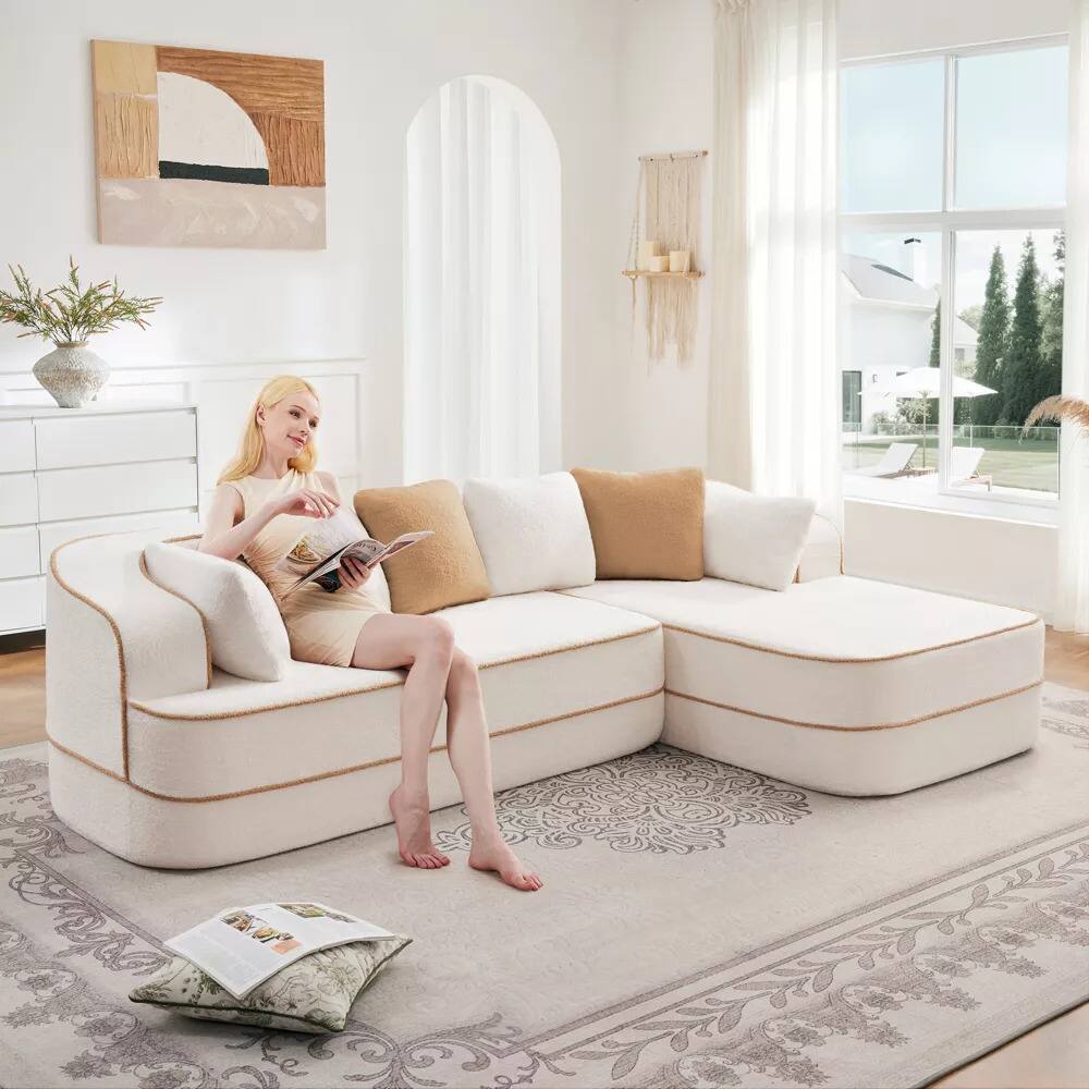 Angle. Aukfa - 106" Fluffy Teddy Fabric Oversized Modular Sectional 3-Seats Sofa with L-Shaped Chaise for Living Room - White.