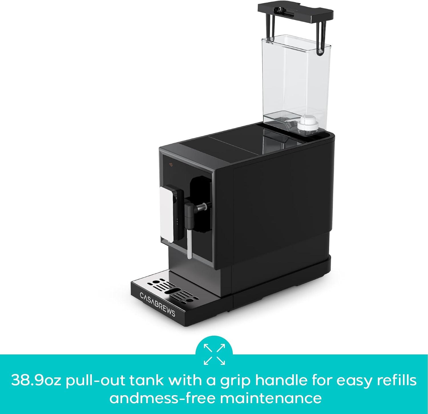 CASABREWS 38.9oz pull-out tank with a grip handle for easy refills and mess-free maintenance