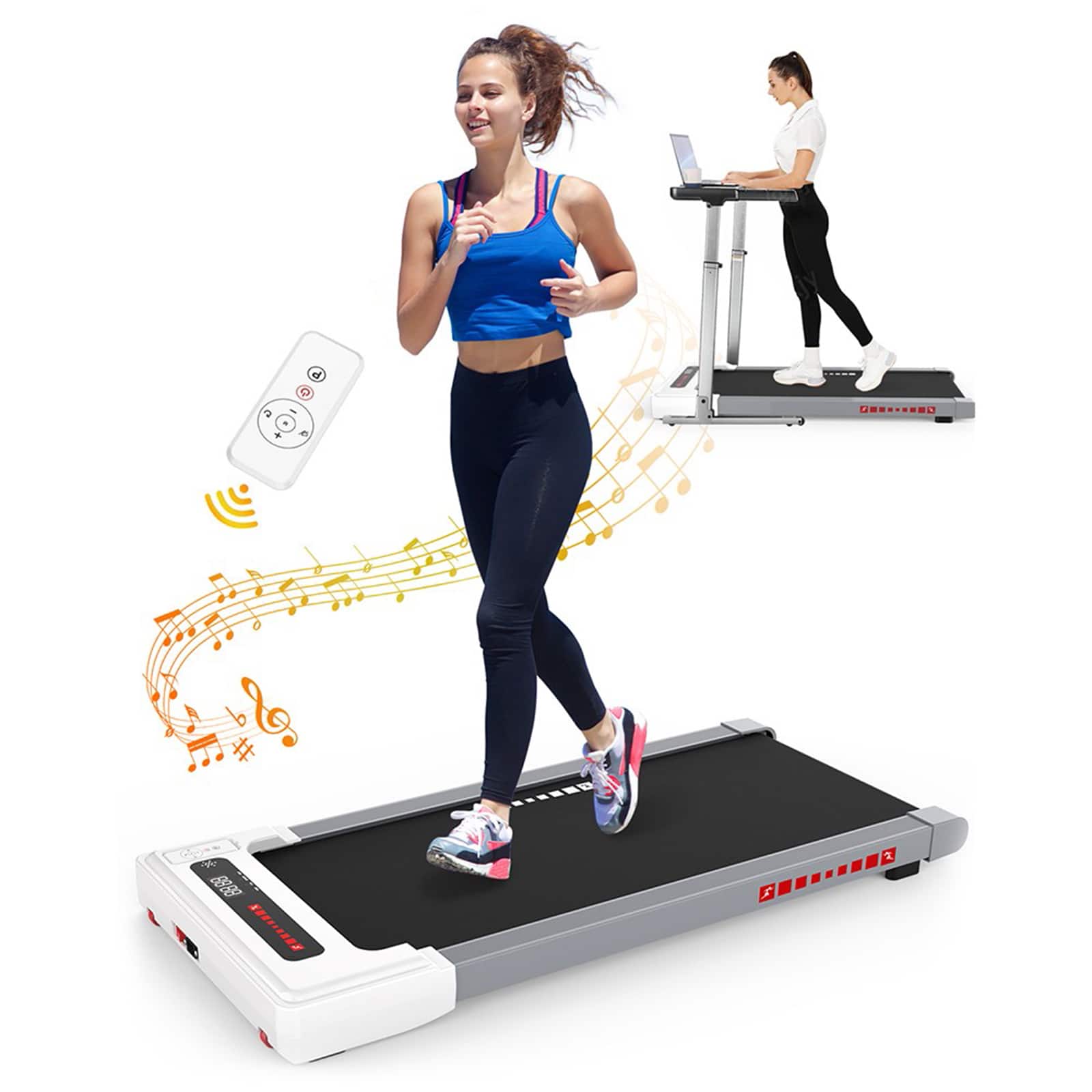 A woman is walking on a treadmill while listening to music. She is wearing a blue shirt and black pants. The treadmill has a laptop on it, which she might be using for entertainment or workout guidance. The image also features a second person, who is not on the treadmill.