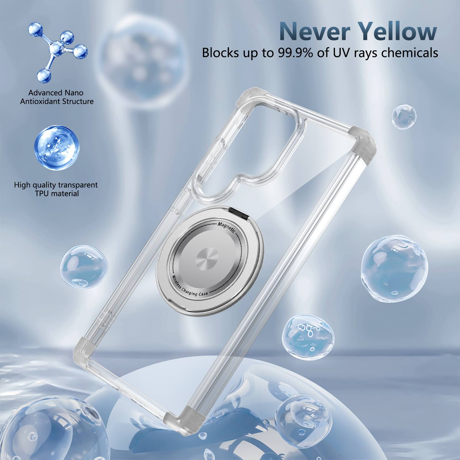 Never Yellow  
Blocks up to 99.9% of UV rays chemicals  
Advanced Nano Antioxidant Structure  
High quality transparent TPU material  
Magnetic Wireless Charging Case