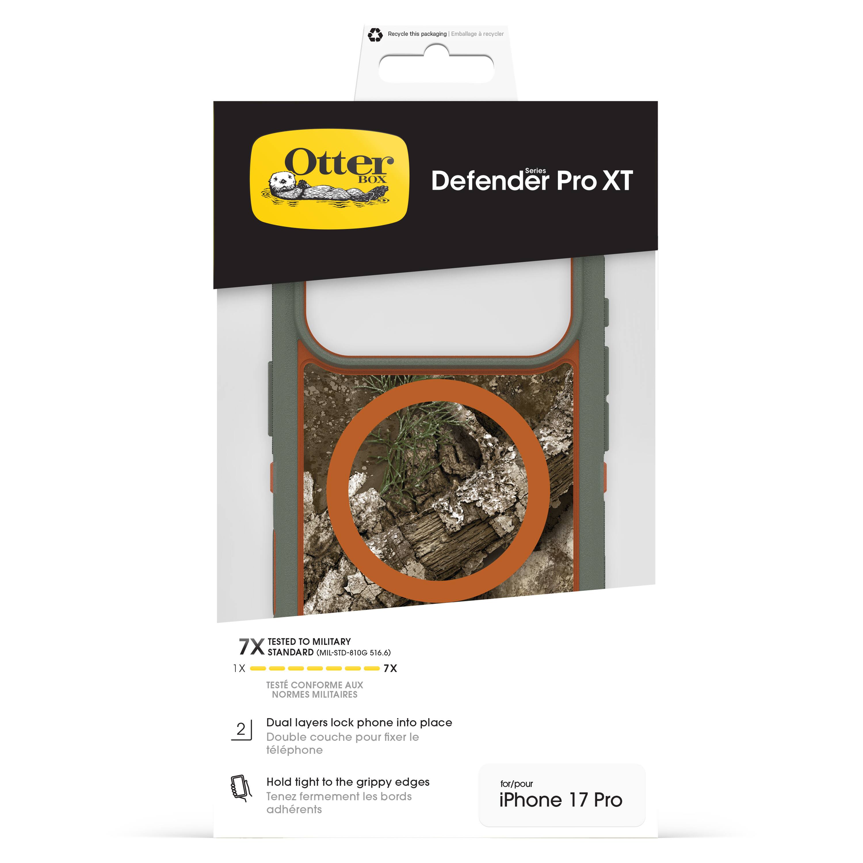 Otter Box  
Defender Pro XT  

7X TESTED TO MILITARY STANDARD (MIL-STD-810G 516.6)  
1X 7X  
TESTÉ CONFORME AUX NORMES MILITAIRES  

1. Dual layers lock phone into place  
Double couche pour fixer le téléphone  

2. Hold tight to the grippy edges  
Tenez fermement les bords adhérents  

for/pour iPhone 17 Pro