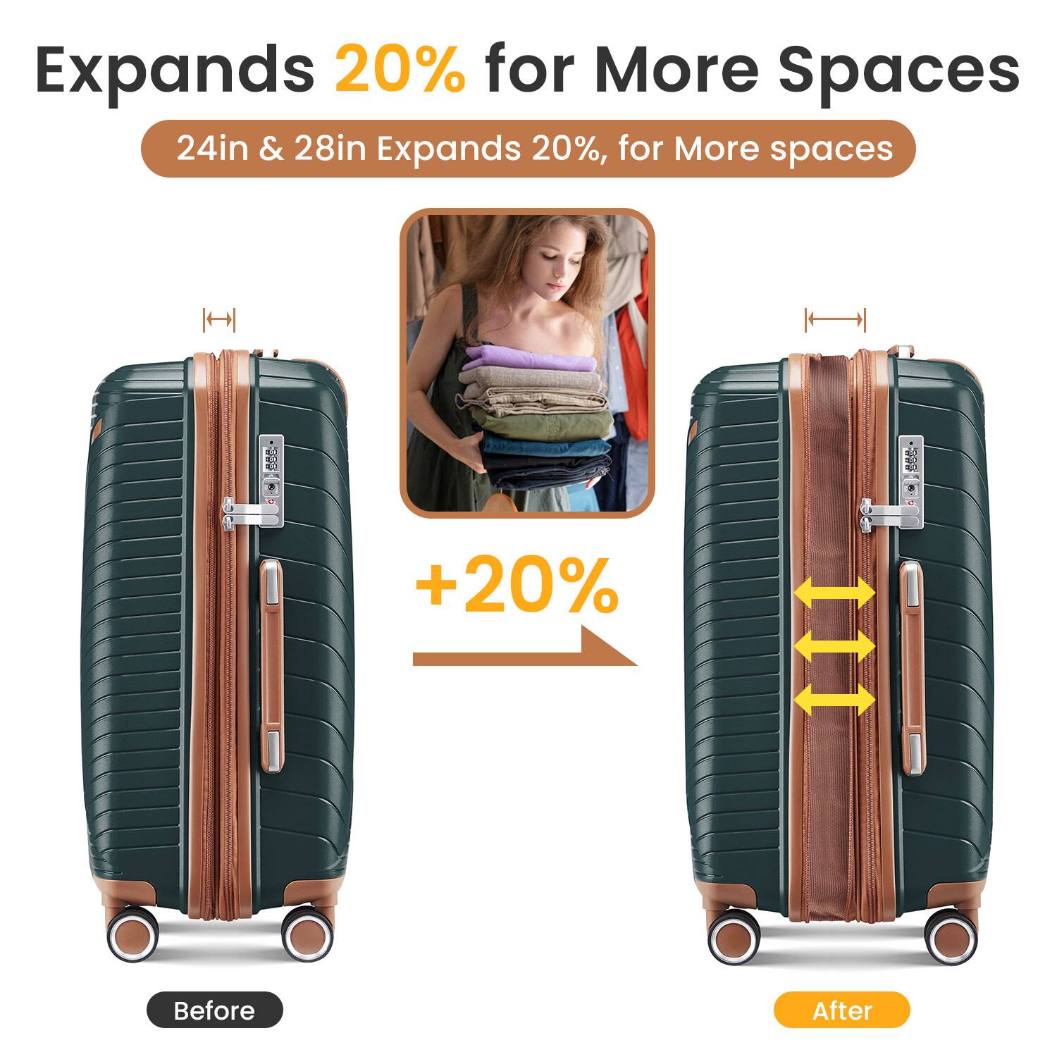 Expands 20% for More Spaces  
24in & 28in Expands 20%, for More spaces  

Before  
+20%  
After