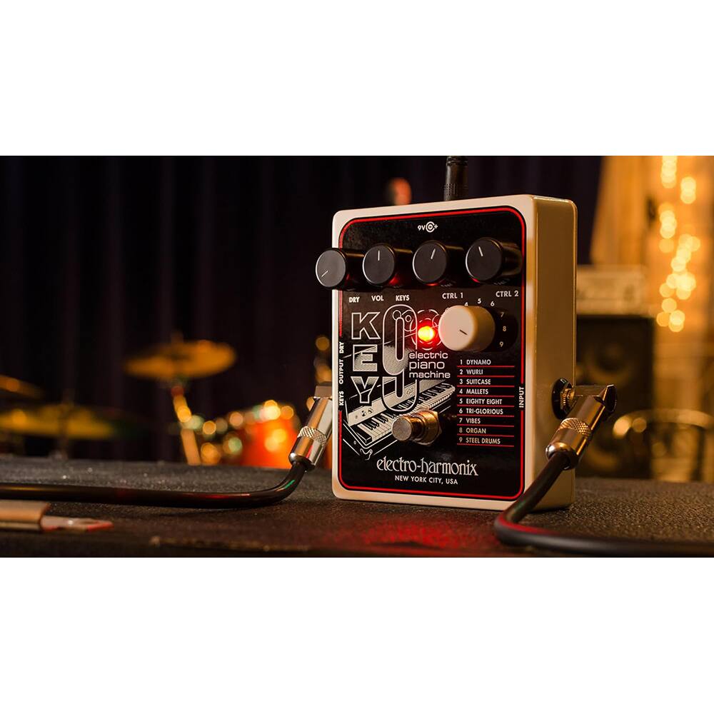 KEY YOU  
electric piano machine  

1. OYNAMO  
2. WURL  
3. SUITCASE  
4. DIGHTY EIGHT  
5. VIBES  
6. TE-GLORIOUS  
7. ORGAN  
8. STEEL DRUMS  

VOL  
KEYS  
CTRL 1  
CTRL 2  

electro-harmonix  
NEW YORK CITY, USA