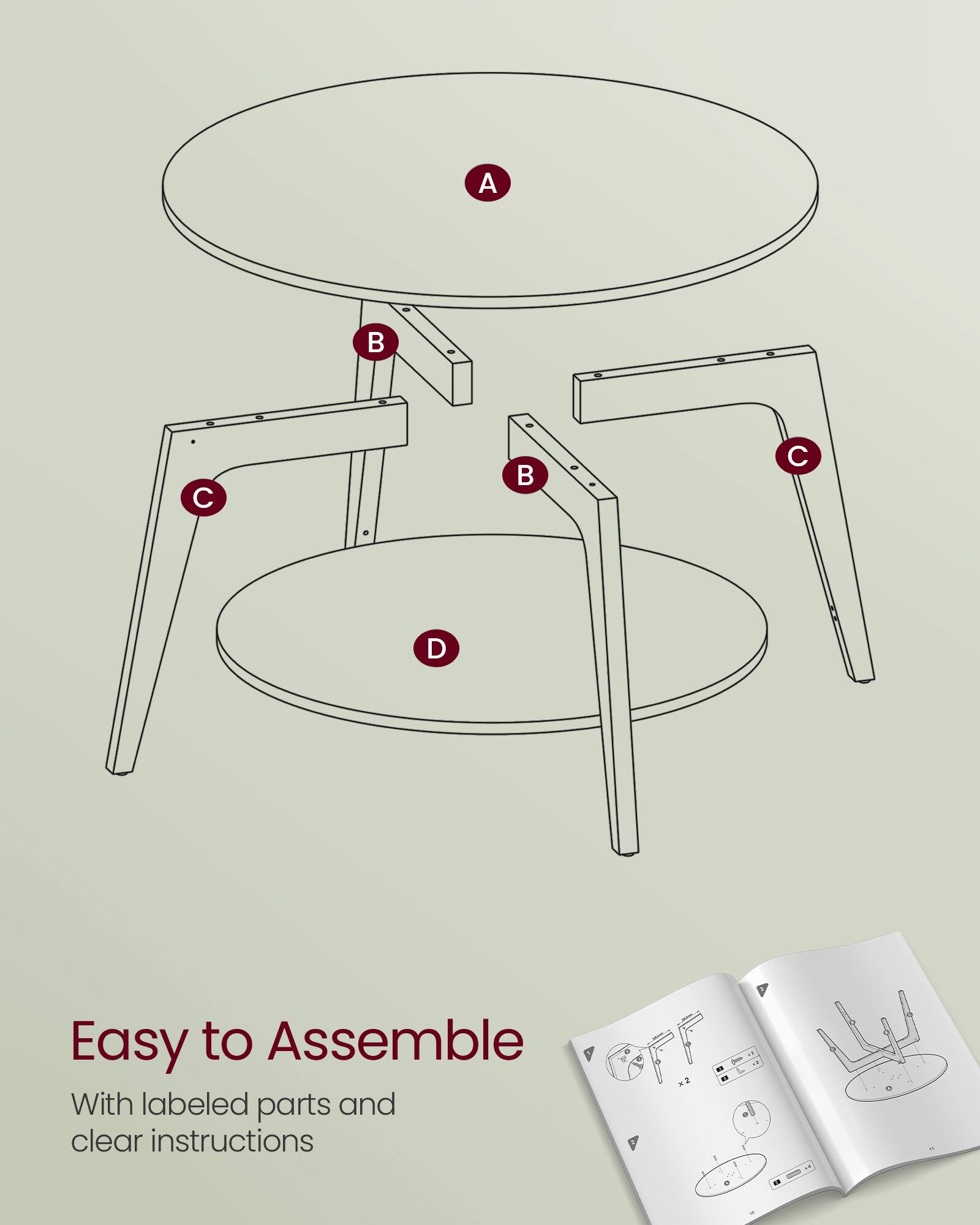 Easy to Assemble  
With labeled parts and clear instructions  

A  
B  
C  
D