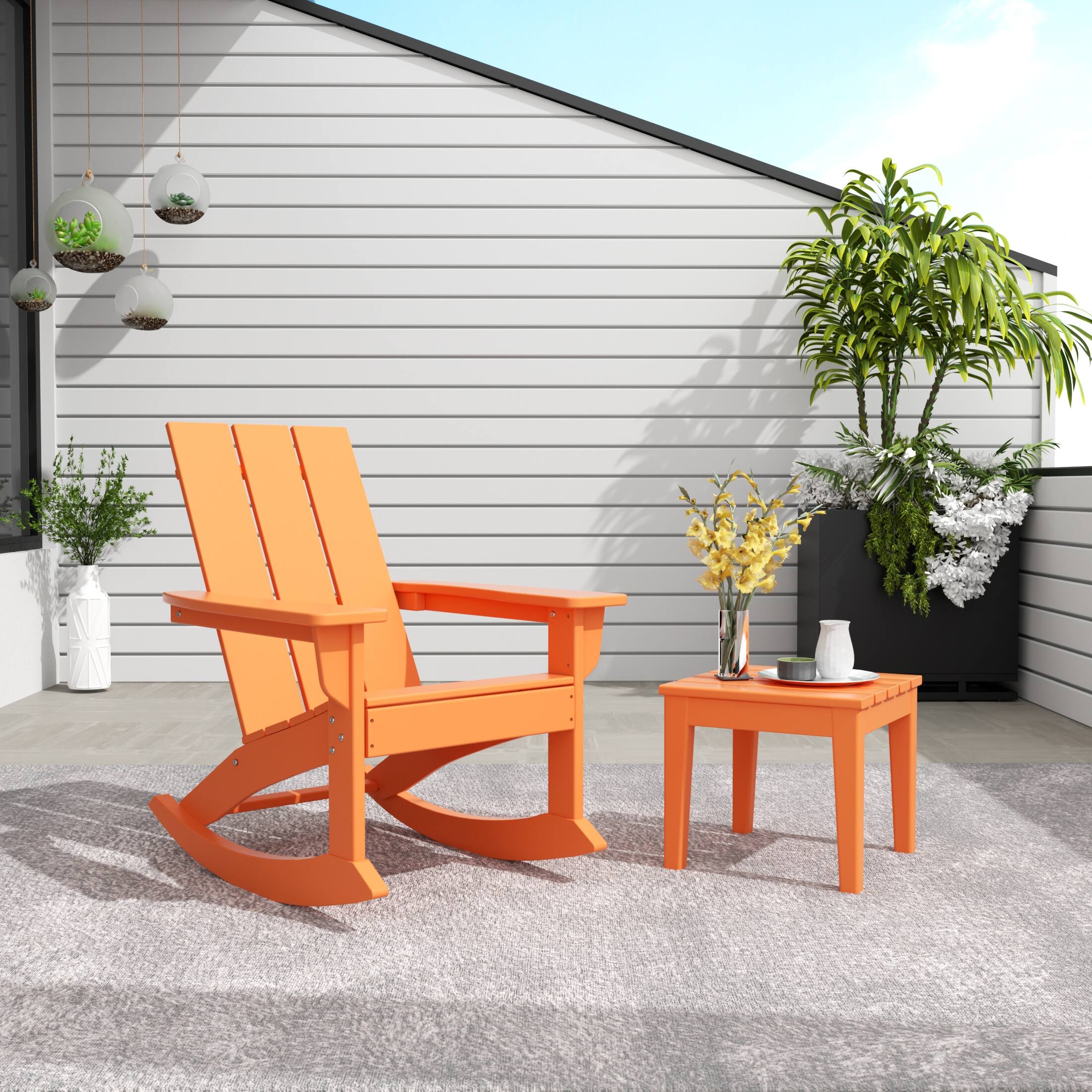 Angle. WestinTrends - WestinTrends Ashore 2-Pieces Set Modern Plastic Outdoor Rocking Chair with Square Side Table - Orange.