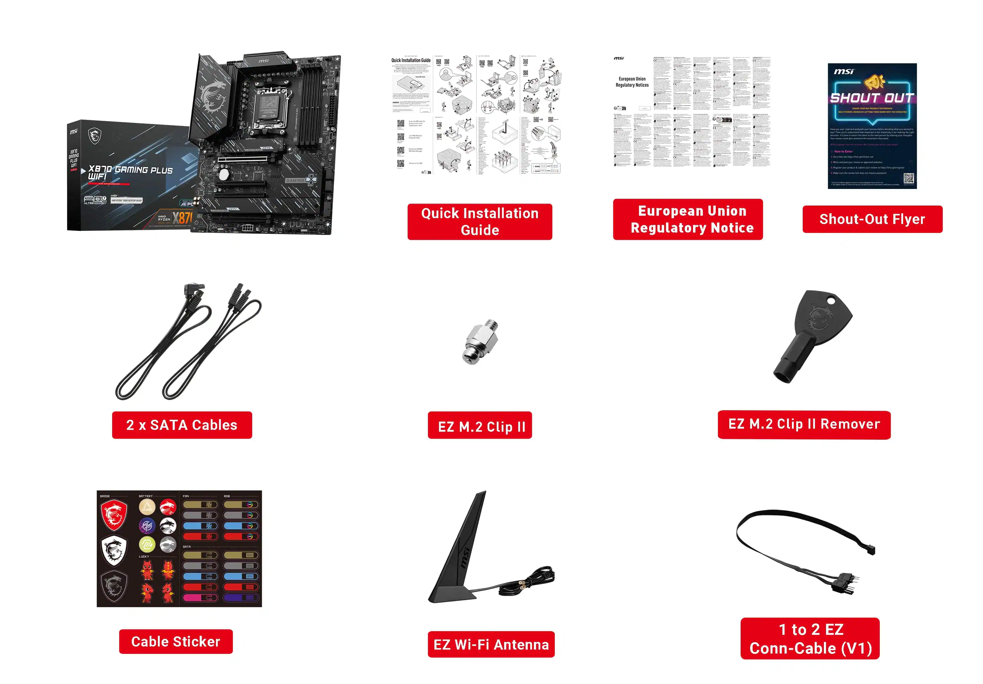 The image shows a variety of computer components and accessories, including a motherboard, cables, and a quick installation guide. The components are grouped under different labels, such as "EZ M.2 Clip II," "EZ Wi-Fi Antenna," and "EZ Conn-Cable." The image also features a Shout-Out Flyer, which is likely a promotional material for the computer components.