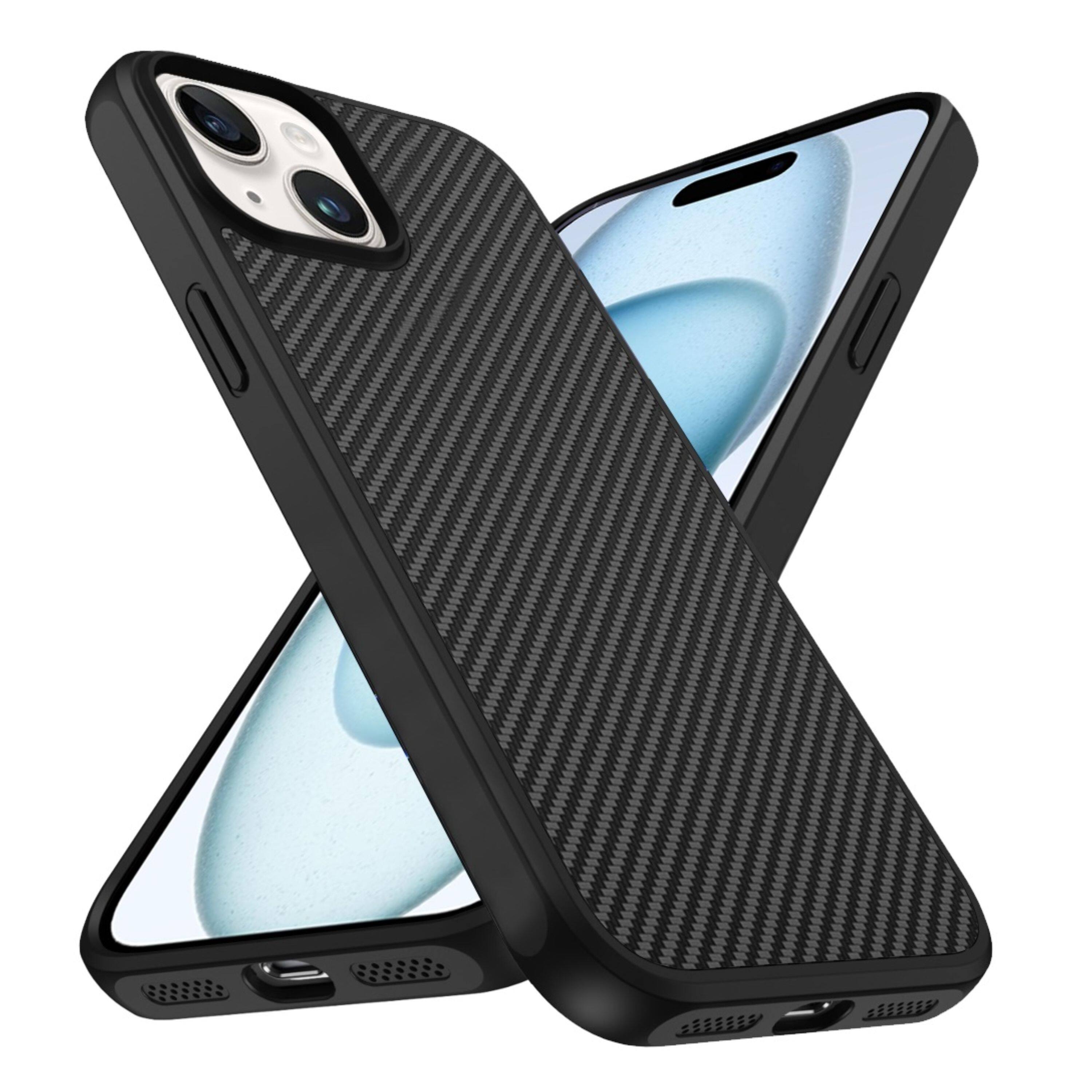 Left. Kitcheniva - Carbon Fiber Print Hidden Magnetic Circle Phone Case With 2 Pcs Tempered Glass For iPhone 15 Black - Black.