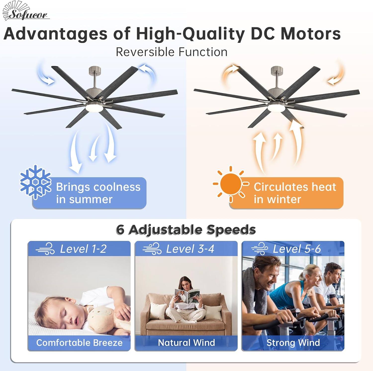 Advantages of High-Quality DC Motors  
Reversible Function  
- Brings coolness in summer  
- Circulates heat in winter  

6 Adjustable Speeds  
- Level 1-2: Comfortable Breeze  
- Level 3-4: Natural Wind  
- Level 5-6: Strong Wind