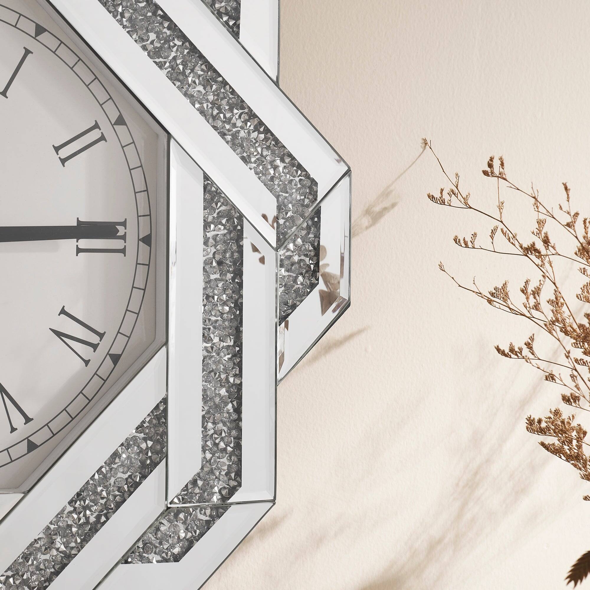 Alt View 1. BreeBe - 20" Large Silver Mirrored Wall Clock with Roman Numerals, Crushed Diamond Beveled Glass Frame for Home Decor - Silver.