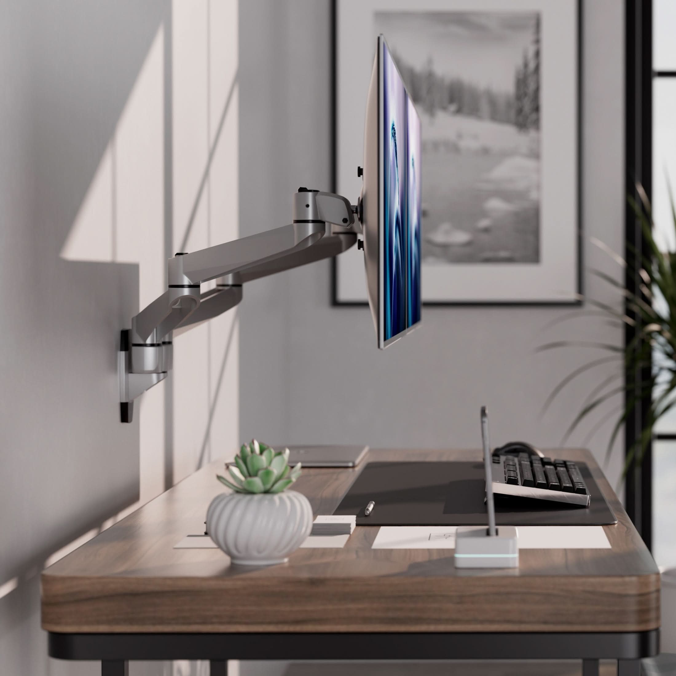 Left. Mount-It! - CLiX Series Full Motion Dual Monitor Wall Mount for 13"-34" Screens, Swivel & Tilt, Silver - Silver.