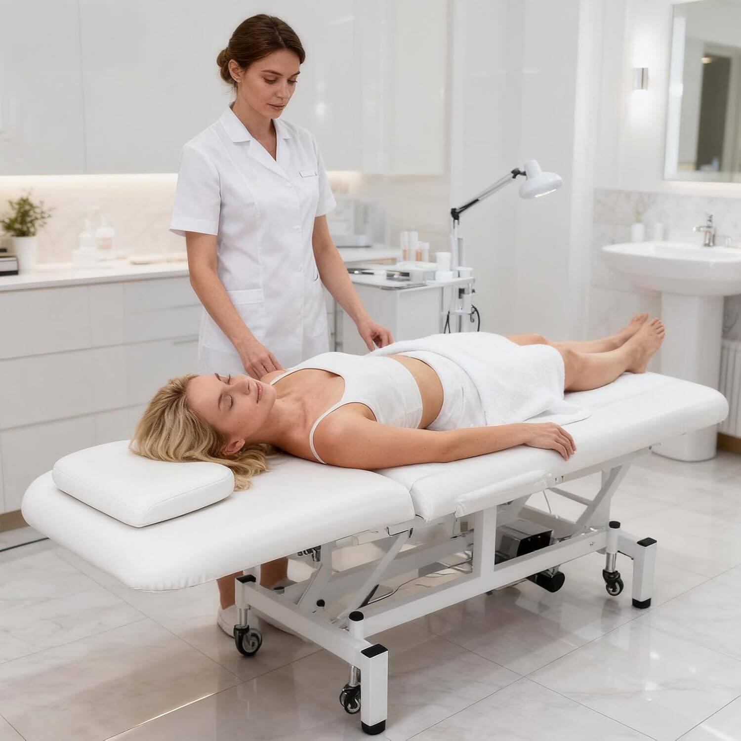 Angle. Winado - Electric Massage Table Facial Bed with Adjustable Height & Backrest, Armrests, Dual Motor Lift System for Salon Beauty - White.