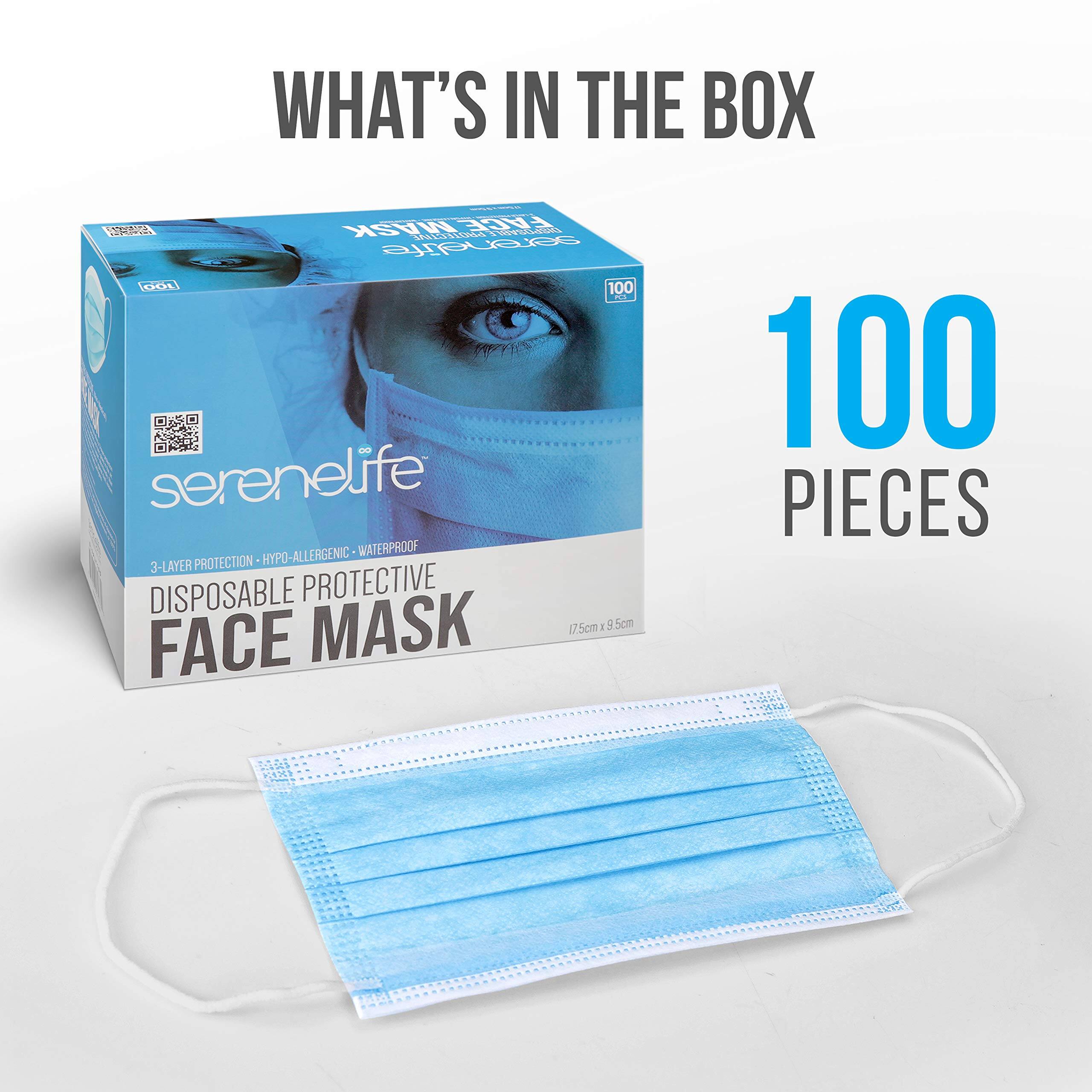 WHAT'S IN THE BOX

100 PIECES

serenelife HYPO-ALLERGENIC WATERPROOF 3-LAYER PROTECTION DISPOSABLE PROTECTIVE FACE MASK 17.5cm x 9.5cm