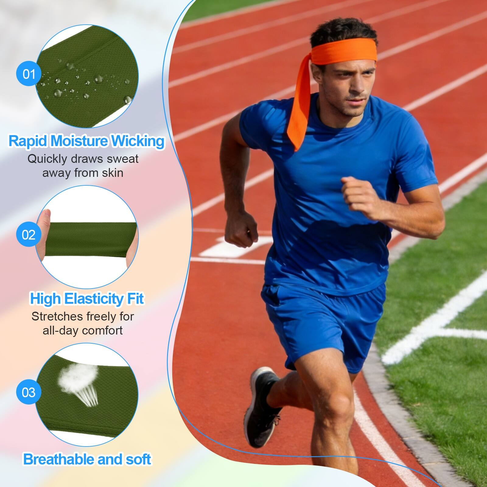 01 Rapid Moisture Wicking: Quickly draws sweat away from skin  
02 High Elasticity Fit: Stretches freely for all-day comfort  
03 Breathable and soft