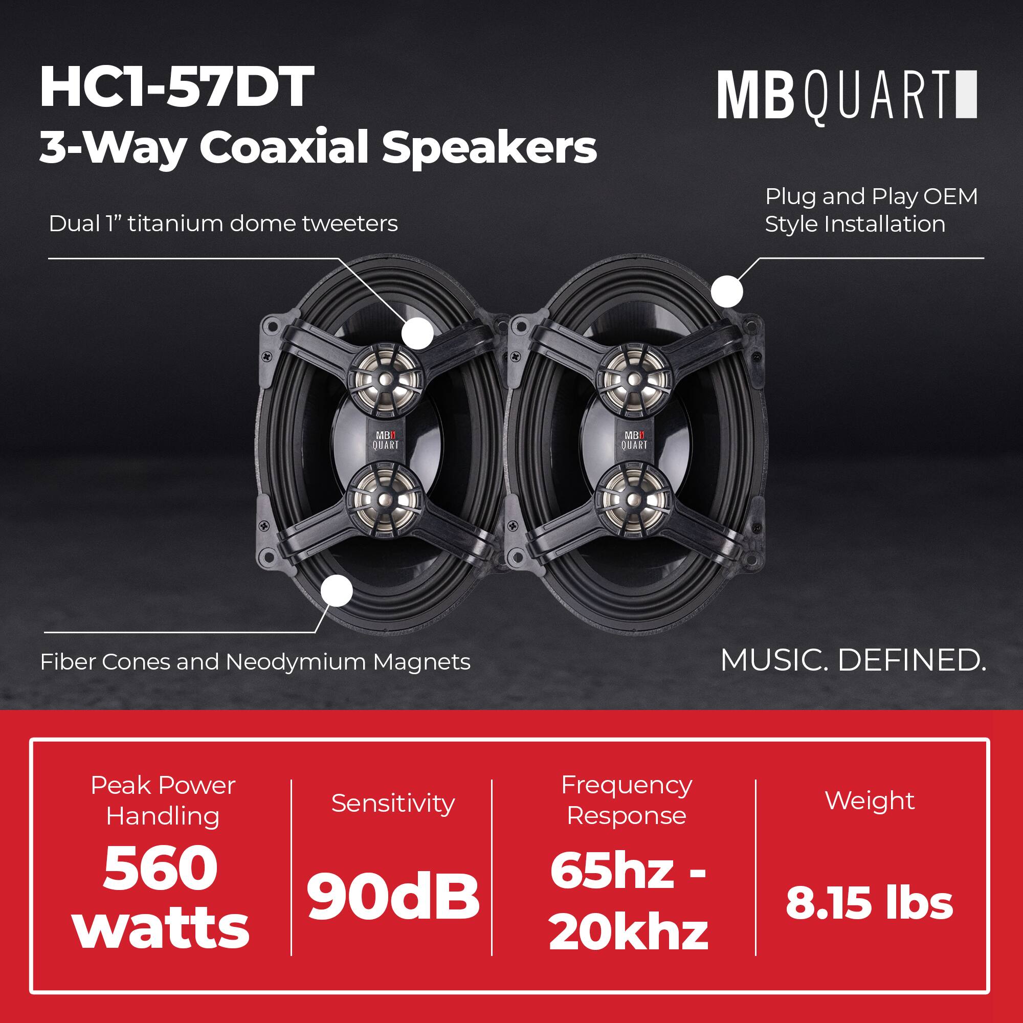 HC1-57DT  
3-Way Coaxial Speakers  
Dual 1" titanium dome tweeters  
MB QUARTI  
Plug and Play OEM Style Installation  
Fiber Cones and Neodymium Magnets  
MUSIC. DEFINED.  

Peak Power Handling: 560 watts  
Sensitivity: 90dB  
Frequency Response: 65hz - 20kHz  
Weight: 8.15 lbs