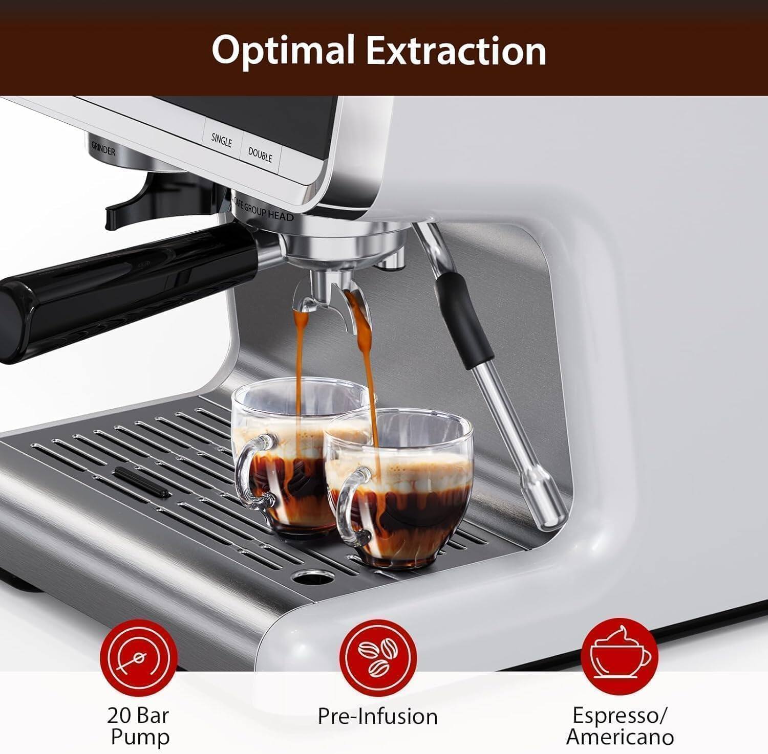Optimal Extraction

- 20 Bar Pump
- Pre-Infusion
- Espresso/Americano