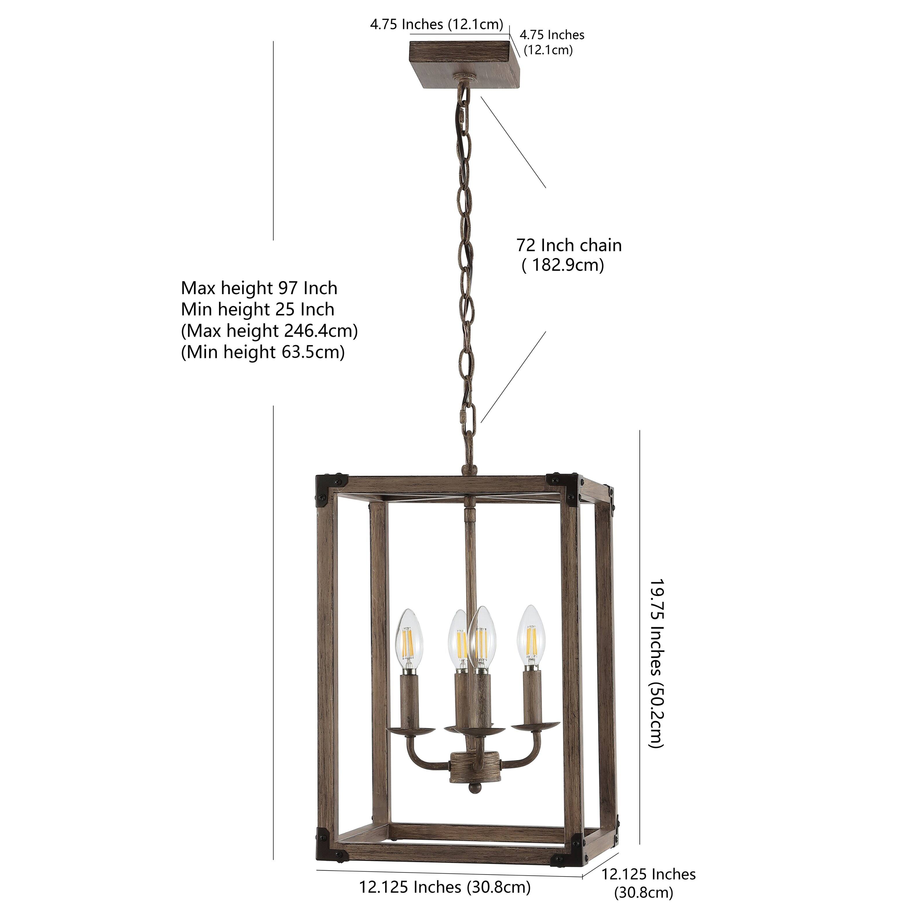 4.75 Inches (12.1cm)  
Max height 97 Inch  
Min height 25 Inch  
(Max height 246.4cm)  
(Min height 63.5cm)  
72 Inch chain (182.9cm)  
19.75 Inches (50.2cm)  
12.125 Inches (30.8cm)