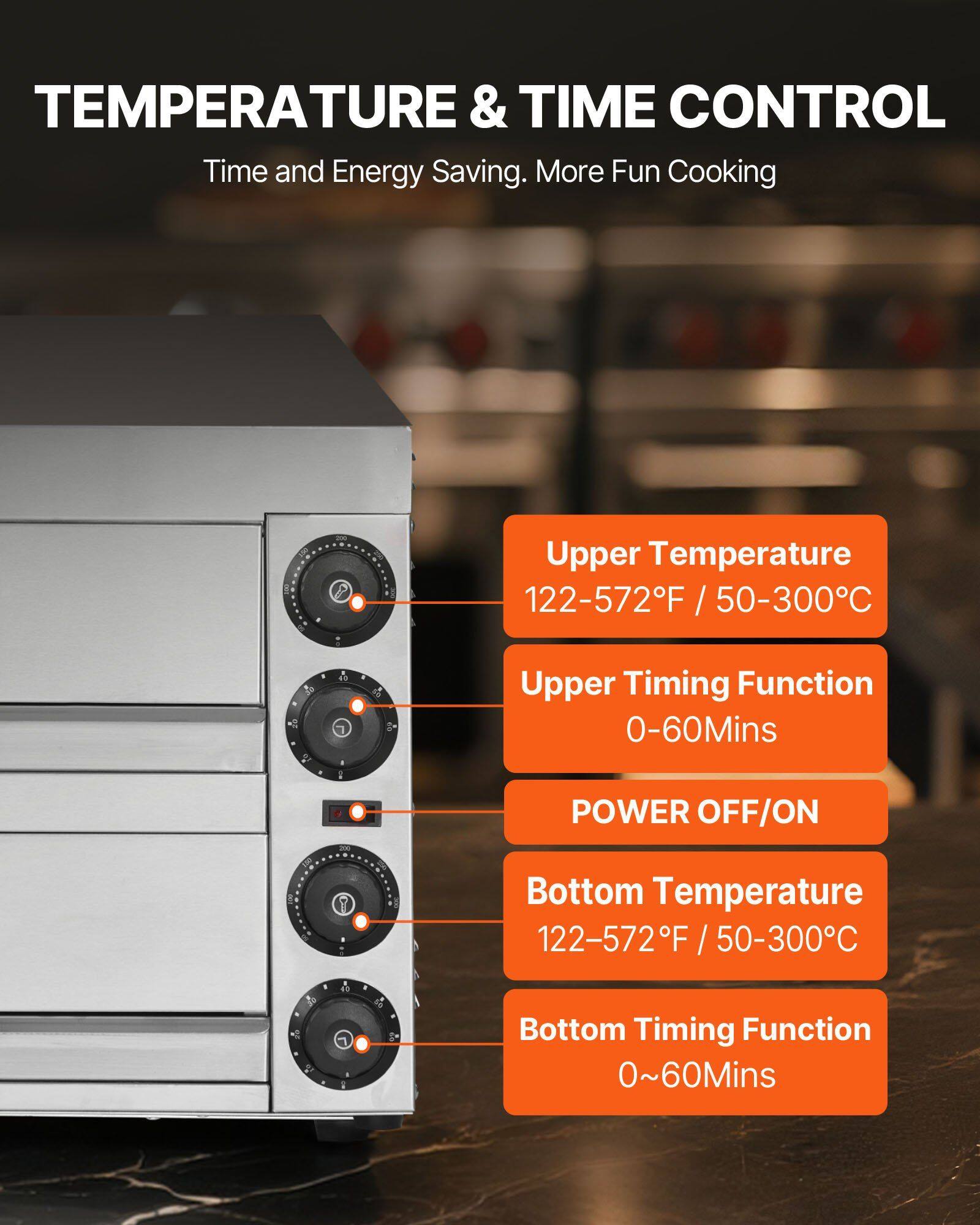 TEMPERATURE & TIME CONTROL  
Time and Energy Saving. More Fun Cooking  

- Upper Temperature: 122-572°F / 50-300°C  
- Upper Timing Function: 0-60 Mins  
- POWER OFF/ON  
- Bottom Temperature: 122-572°F / 50-300°C  
- Bottom Timing Function: 0-60 Mins
