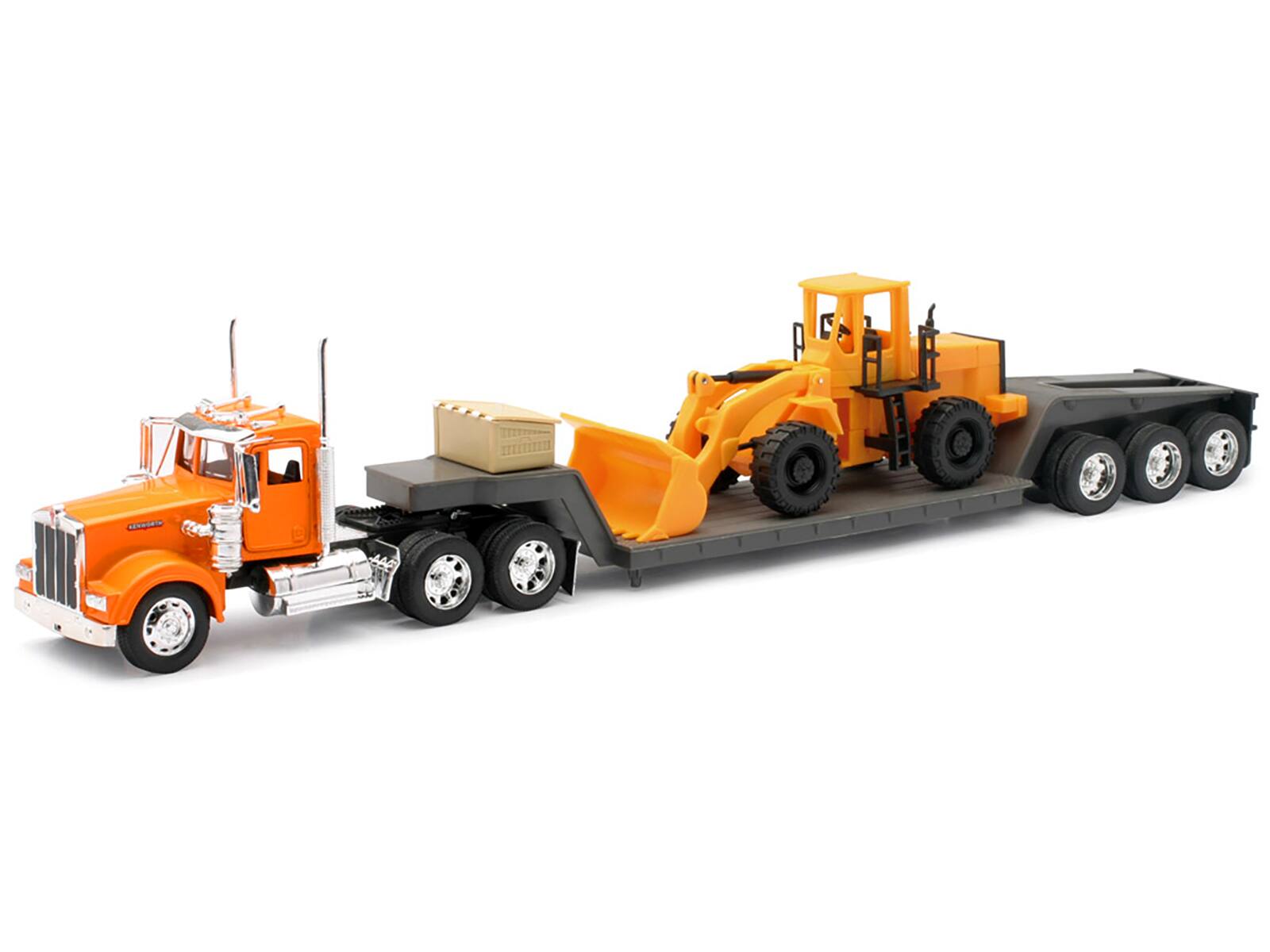 Alt View 1. New Ray - Kenworth W900 Truck with Lowboy Trailer Orange and Wheel Loader Yellow "Long Haul Trucker" Series 1/32 Model by New Ray.