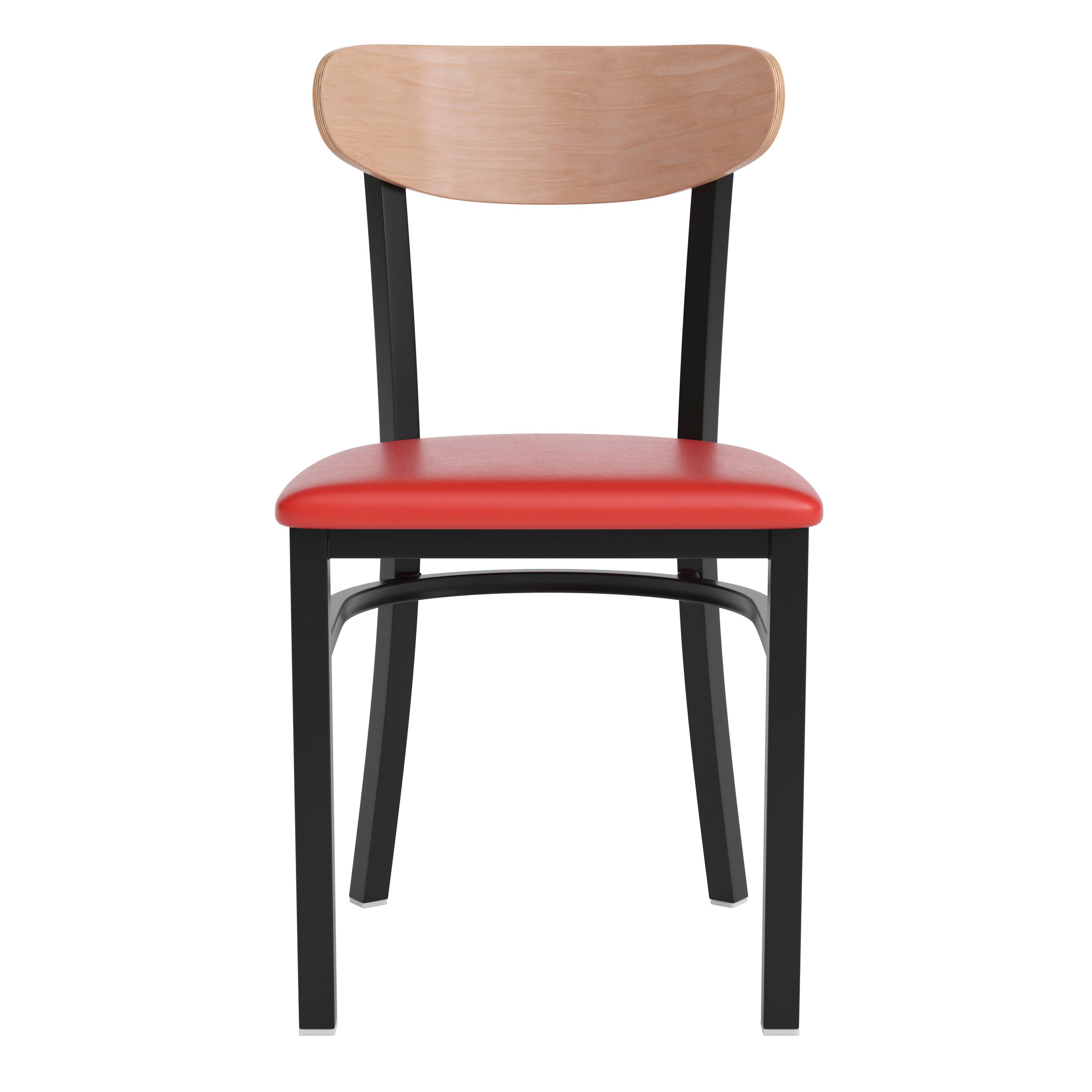 Alt View 9. Emma + Oliver - Yara Industrial Dining Chair with Rolled Steel Frame and Solid Wood Seat - 500 lbs. Static Weight Capacity - Natural Birch Wood Back/Red Vinyl Seat.