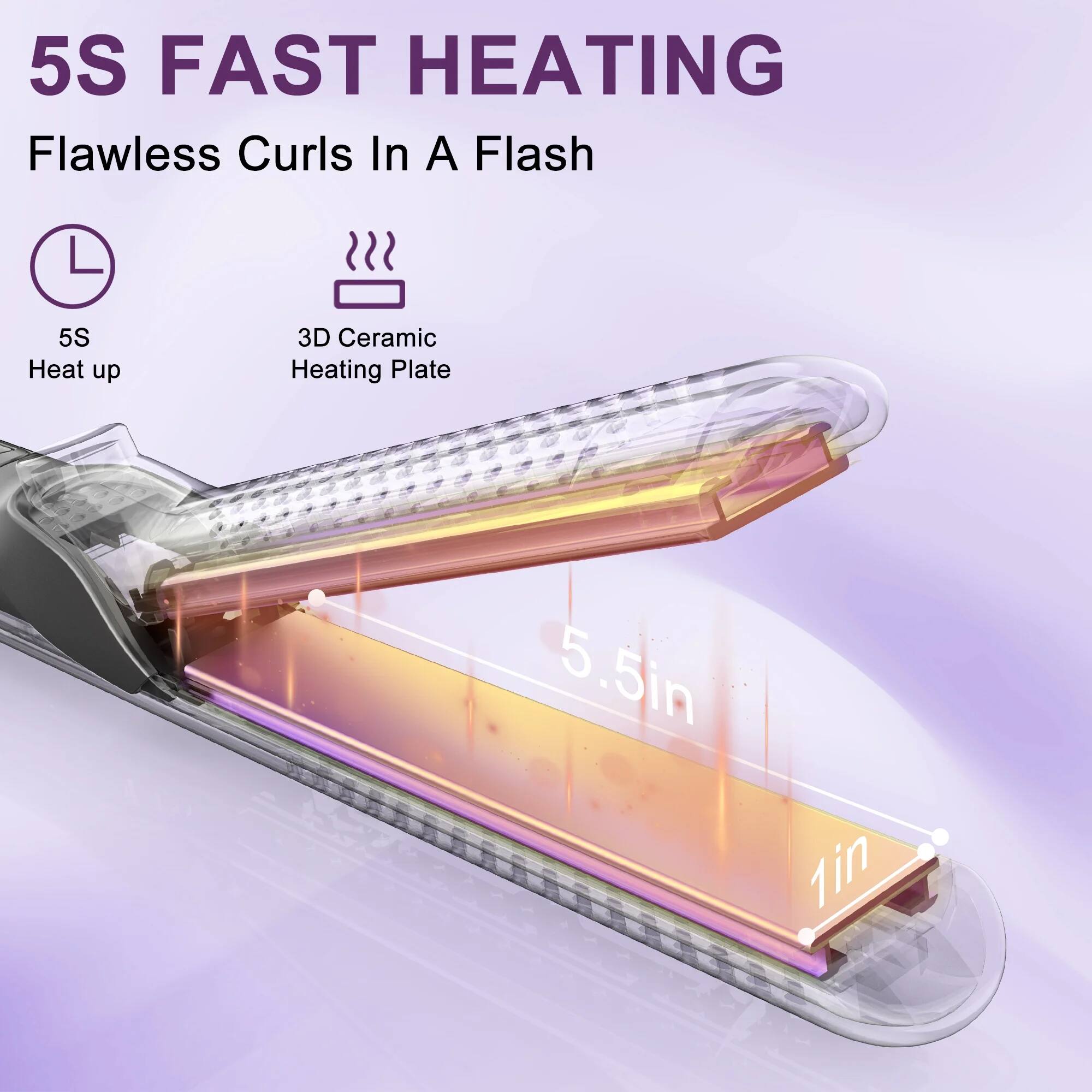 5S FAST HEATING  
Flawless Curls In A Flash  

5S Heat up  
3D Ceramic Heating Plate  

5.5in  
1in