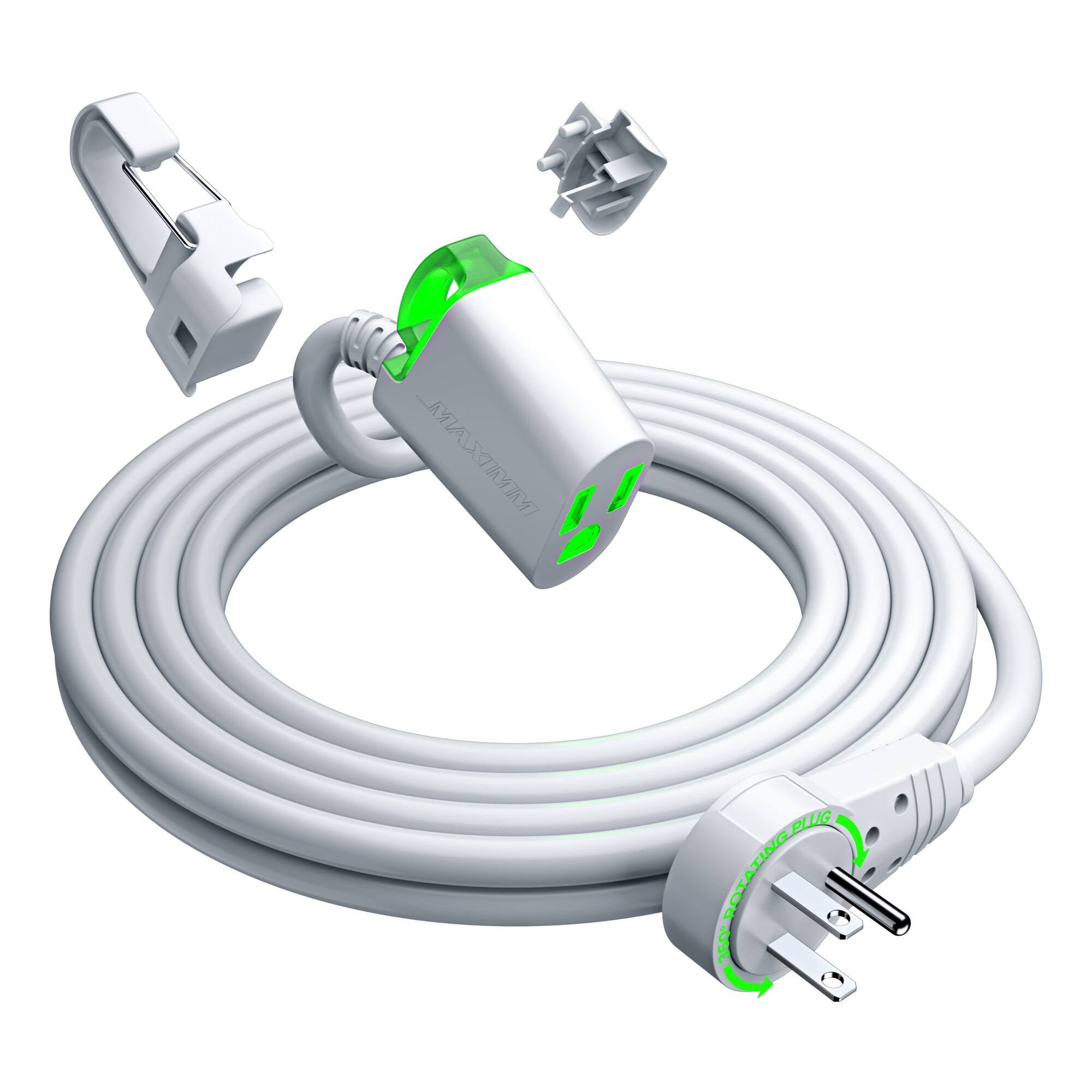 Maximm - 360° Rotating Flat Plug Extension Cord 10 ft, with LED Indicator and Removable Hook, 16 Gauge, UL Certified - White