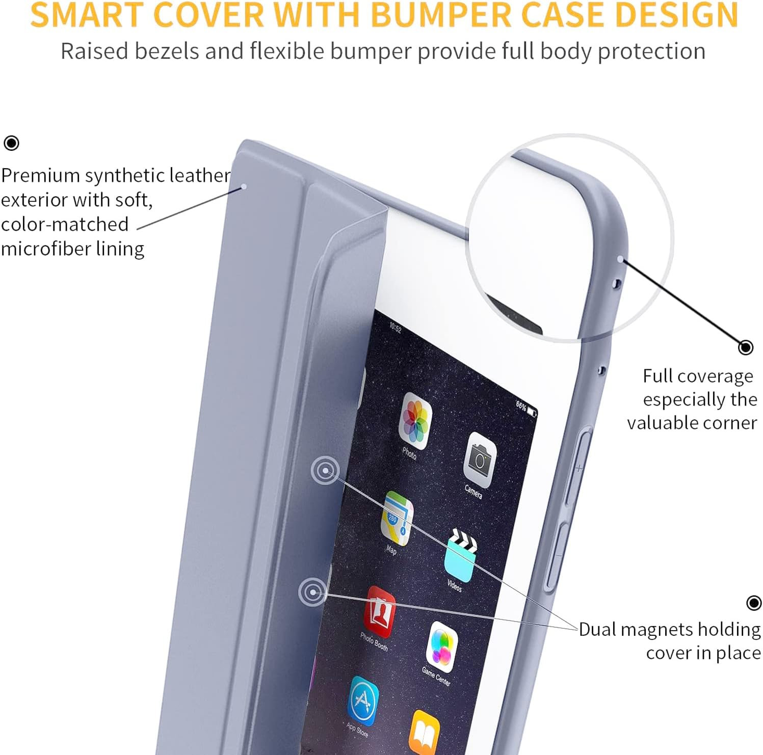 SMART COVER WITH BUMPER CASE DESIGN  
Raised bezels and flexible bumper provide full body protection  

Premium synthetic leather exterior with soft, color-matched microfiber lining  

Full coverage especially the valuable corner  

Dual magnets holding cover in place